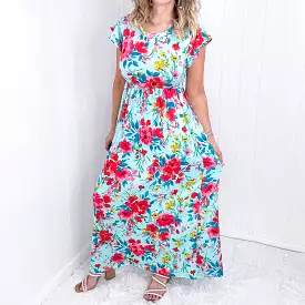 Aqua Floral Fit and Flare Maxi Dress