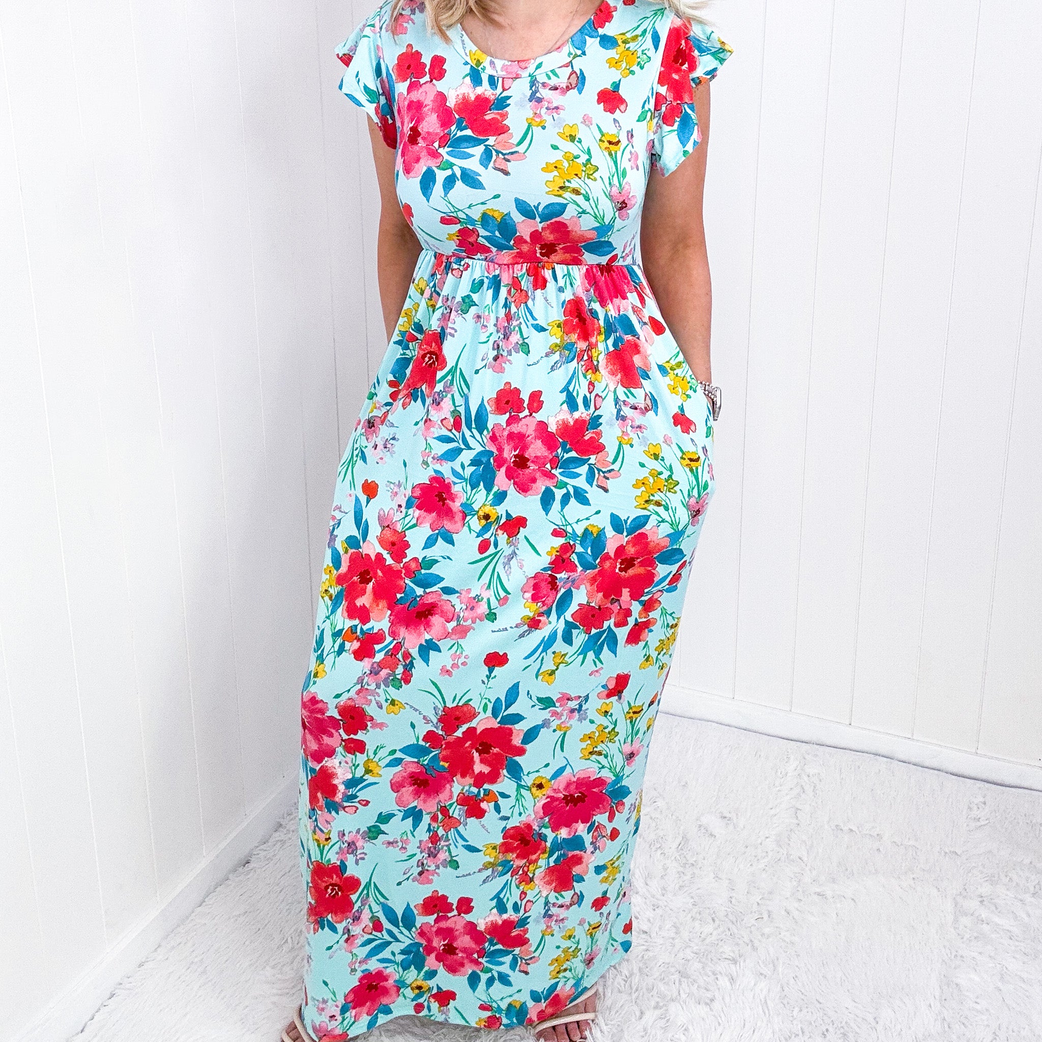 Aqua Floral Fit and Flare Maxi Dress