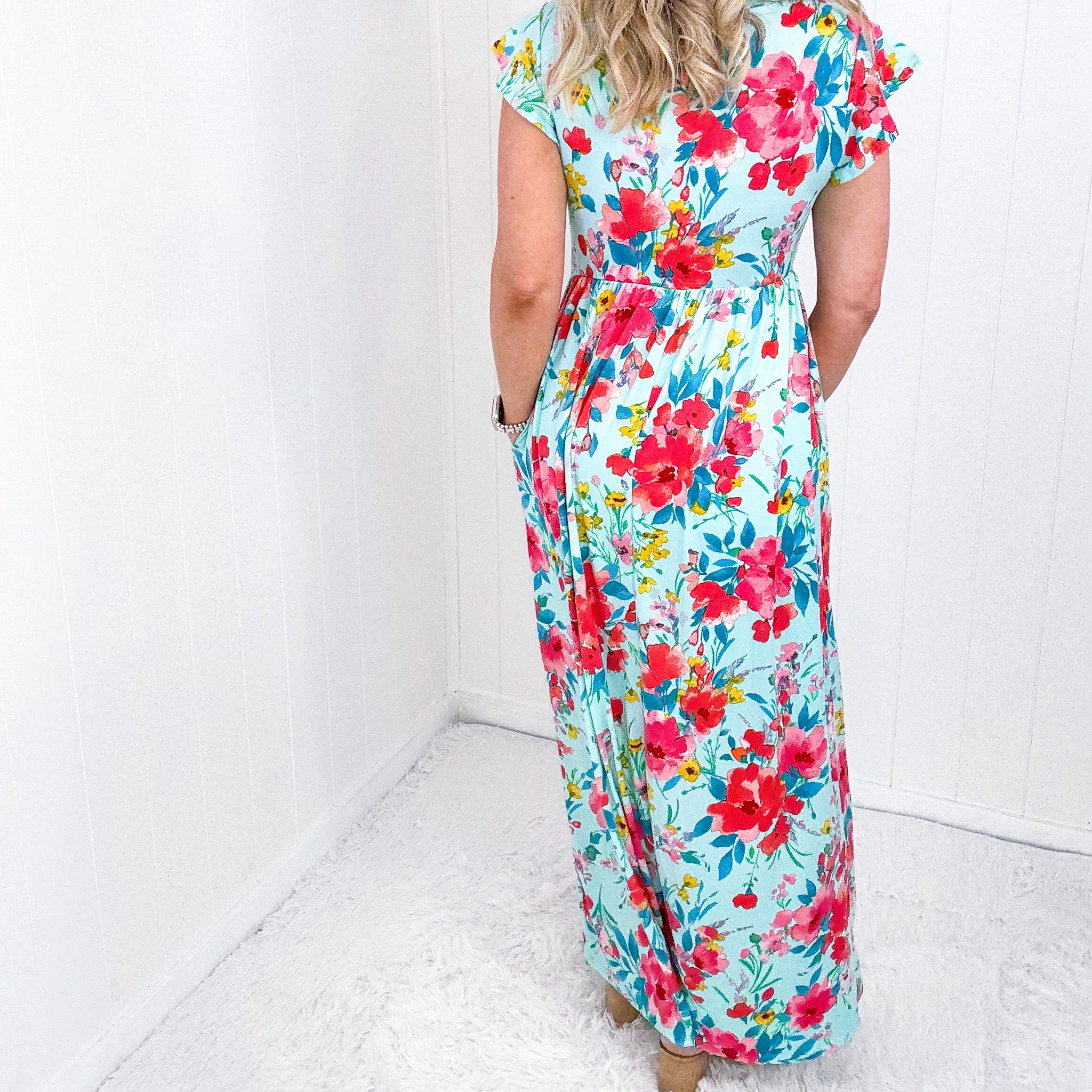 Aqua Floral Fit and Flare Maxi Dress