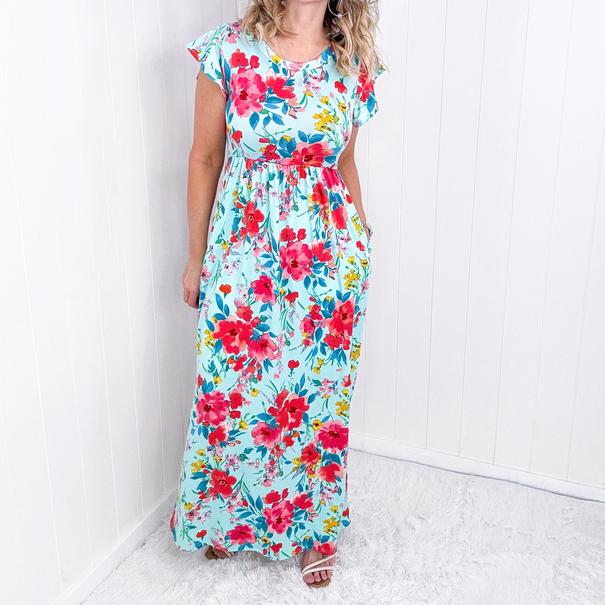 Aqua Floral Fit and Flare Maxi Dress