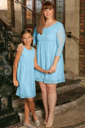 Baby Blue Stretchy Lace Summer Empire Waist Mommy & Me Dress Plus Size