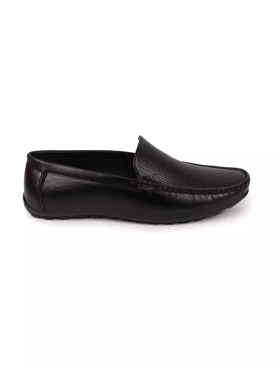 Basics Men Black Textured Print Side Stitched Casual Slip On Loafers and Moccasin Shoes