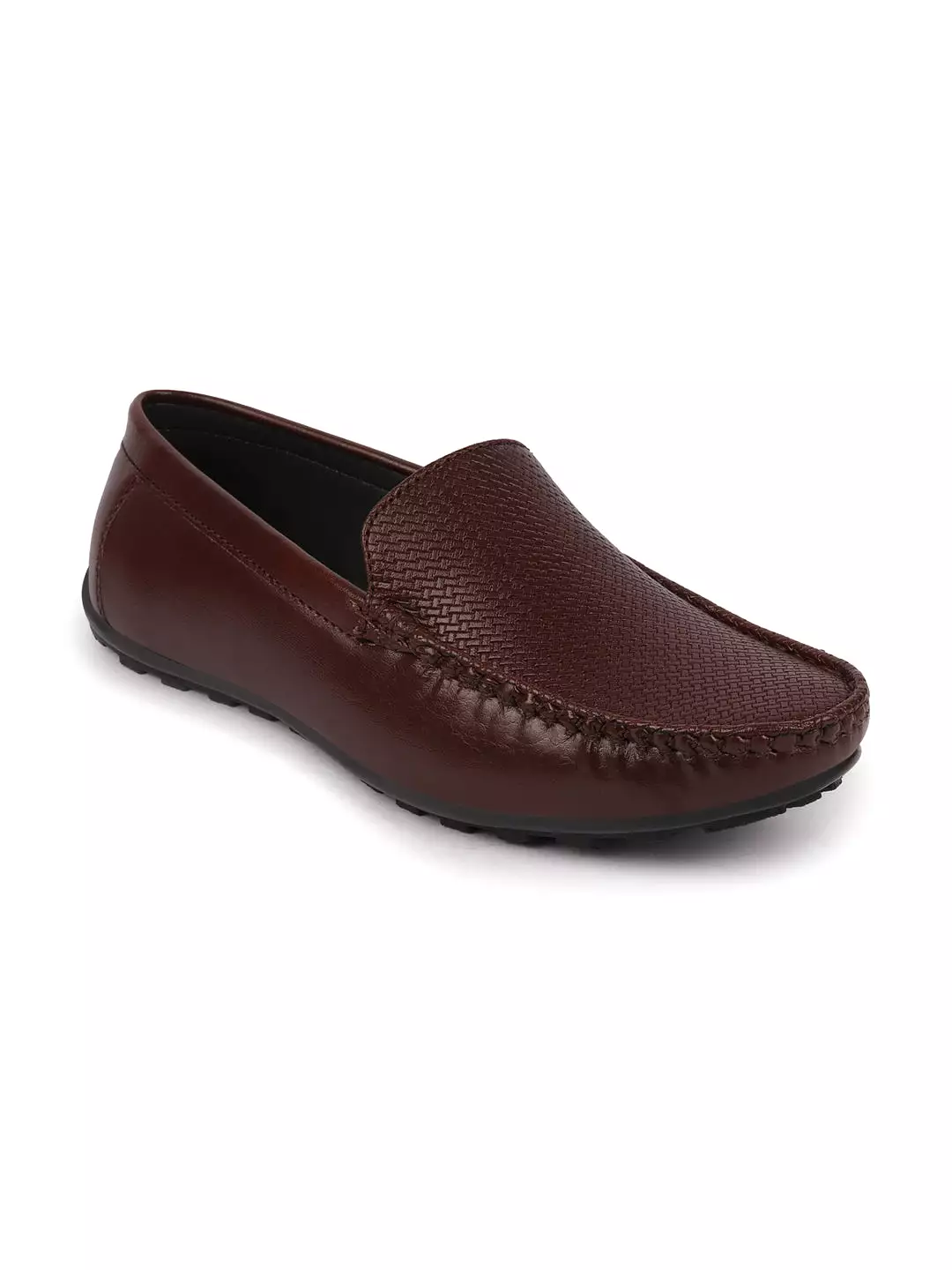 Basics Men Brown Textured Print Side Stitched Casual Slip On Loafers and Moccasin Shoes