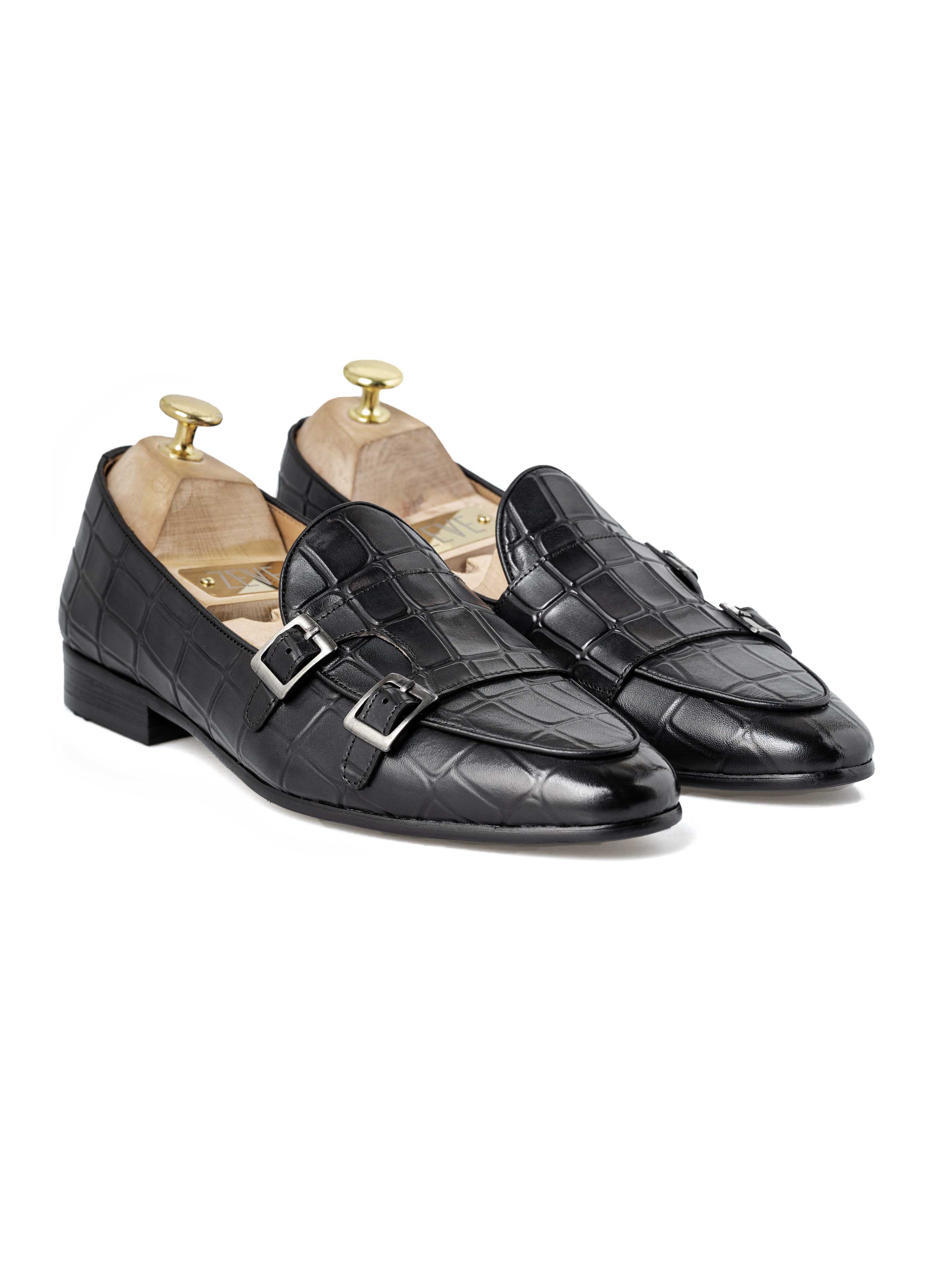 Belgian Loafer - Black Grey Croco Double Monk Strap (Hand Painted Patina)