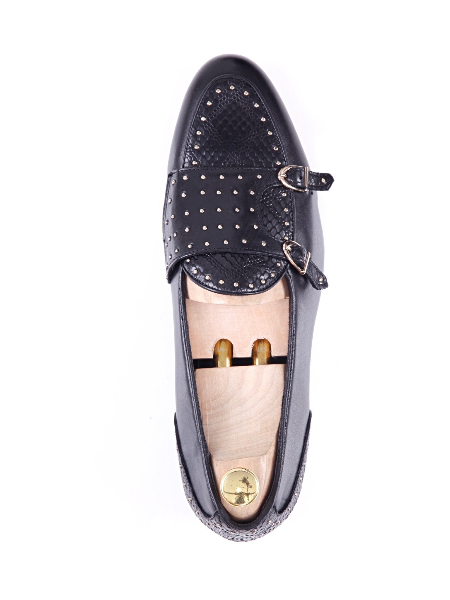 Belgian Loafer - Black Snake Skin Double Monk Strap with Studded