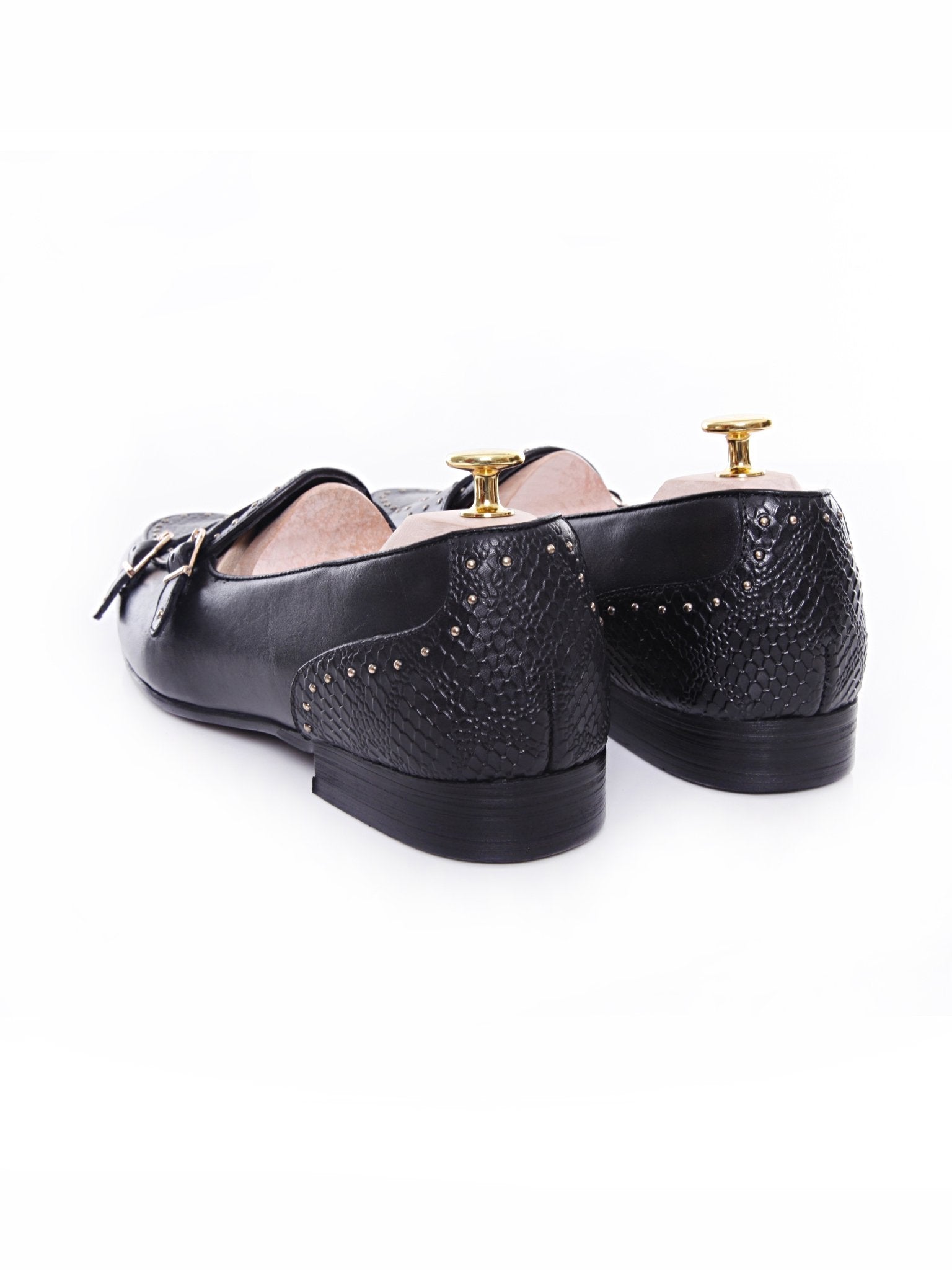 Belgian Loafer - Black Snake Skin Double Monk Strap with Studded