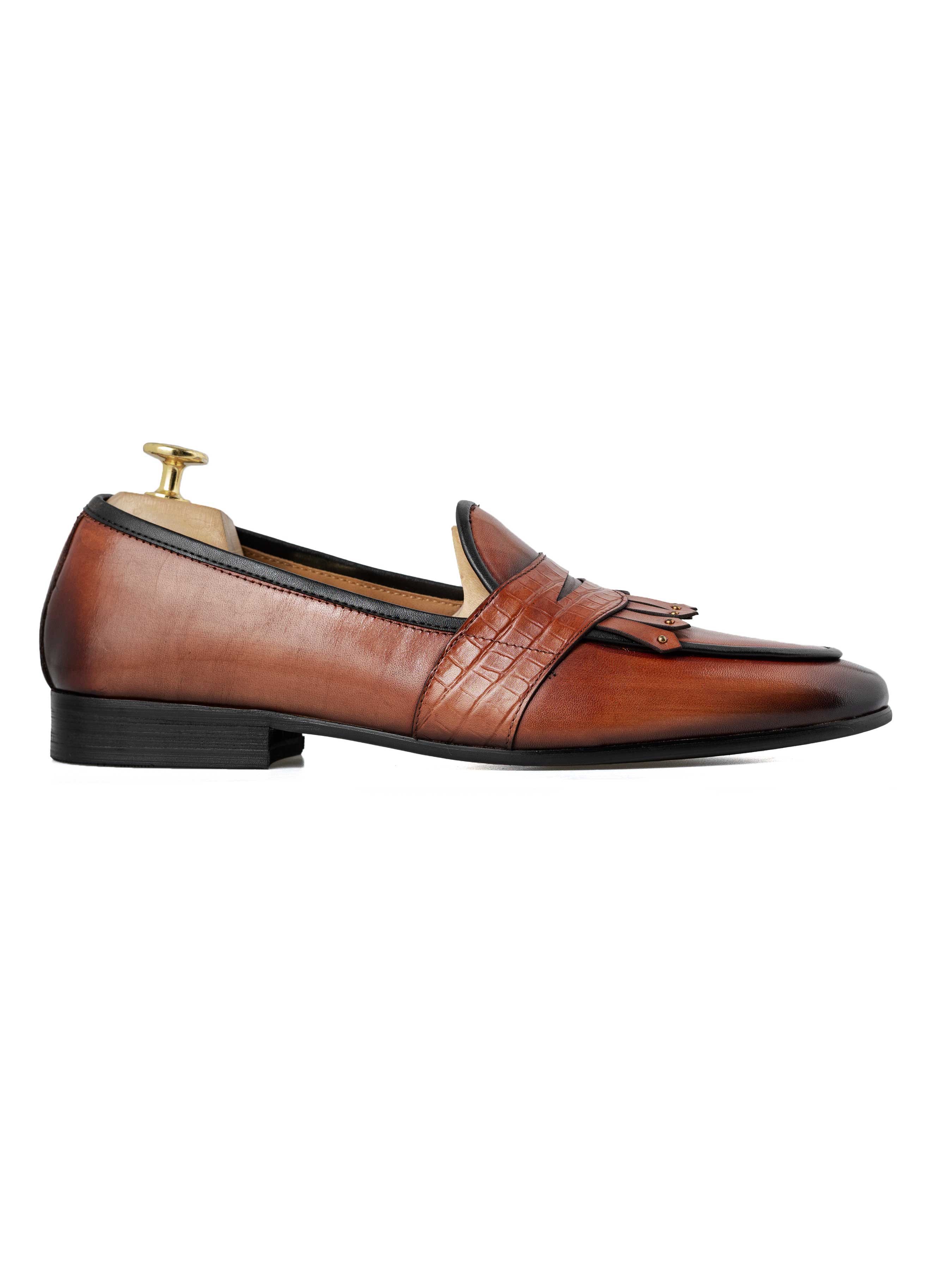 Belgian Loafer - Cognac Tan Phyton Penny Strap with Studded Fringe (Hand Painted Patina)