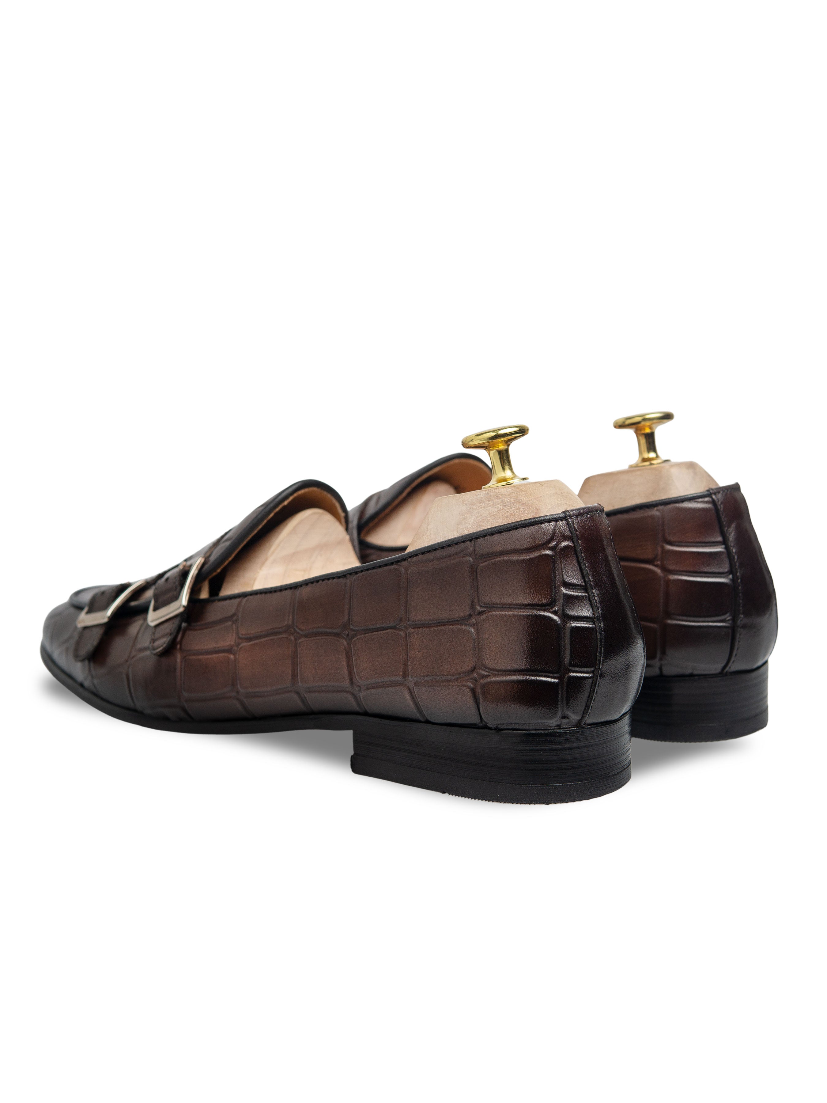 Belgian Loafer - Dark Brown Croco Double Monk Strap (Hand Painted Patina)