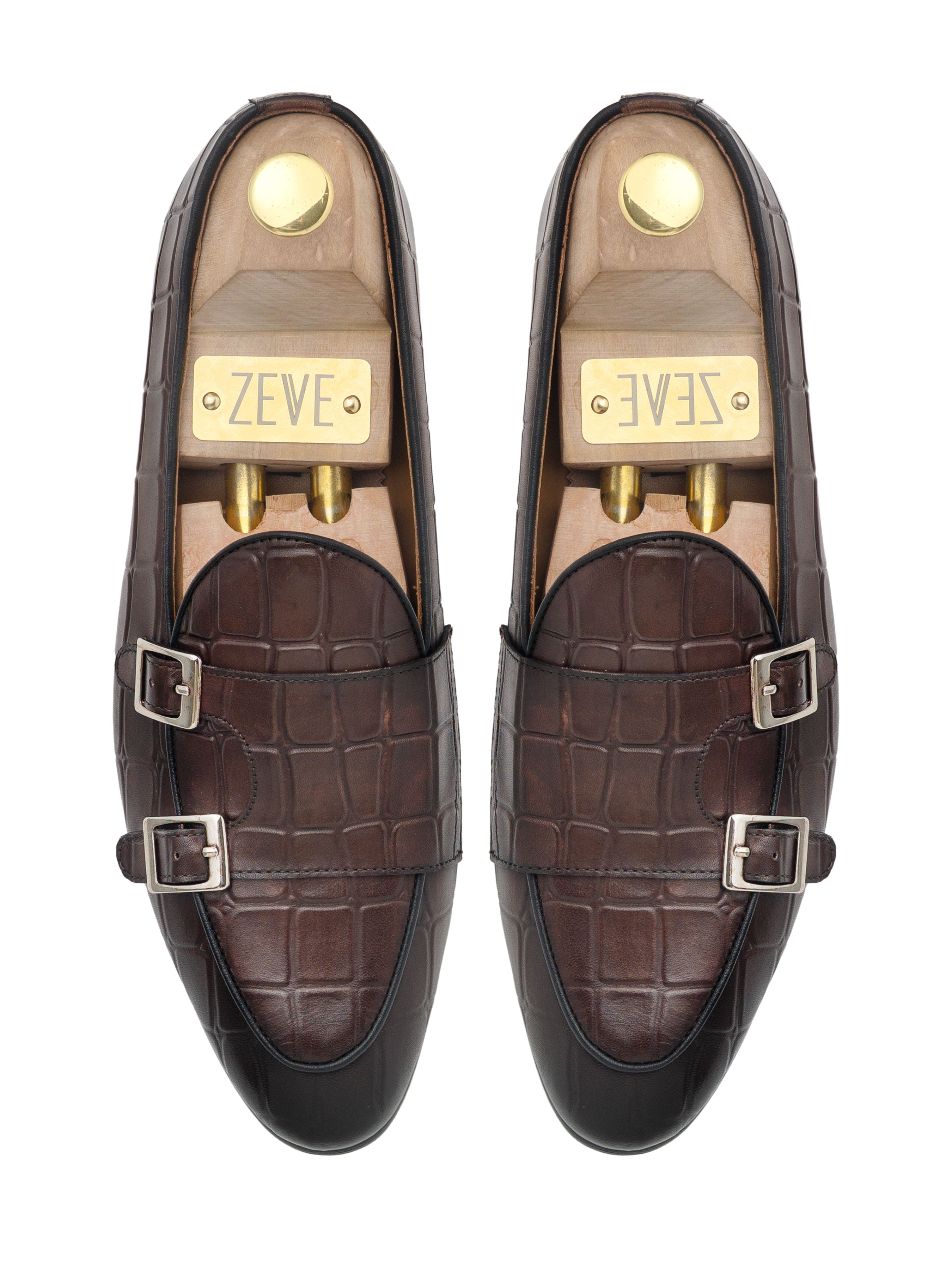 Belgian Loafer - Dark Brown Croco Double Monk Strap (Hand Painted Patina)