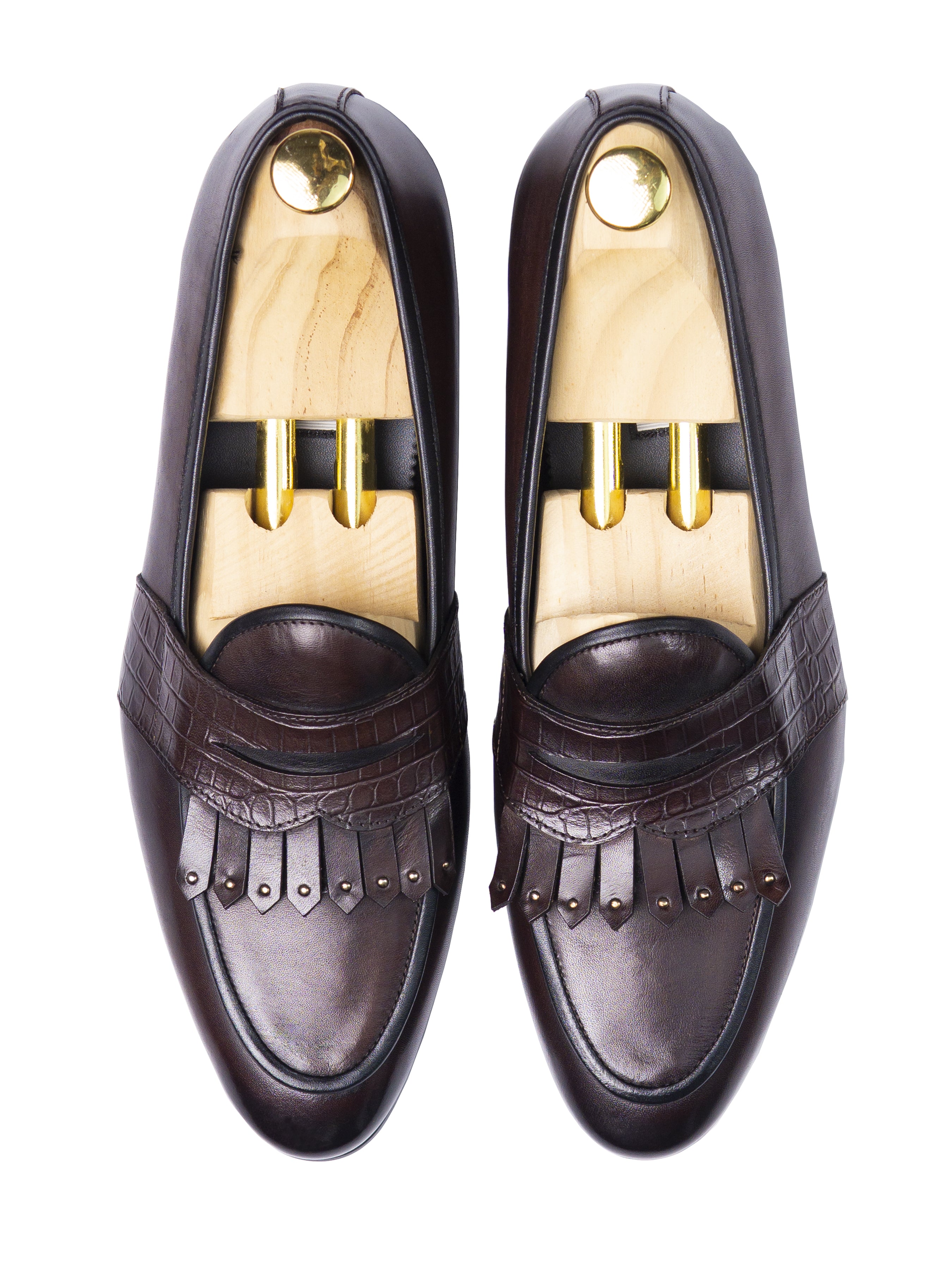 Belgian Loafer - Dark Brown Phyton Penny Strap with Studded Fringe (Hand Painted Patina)