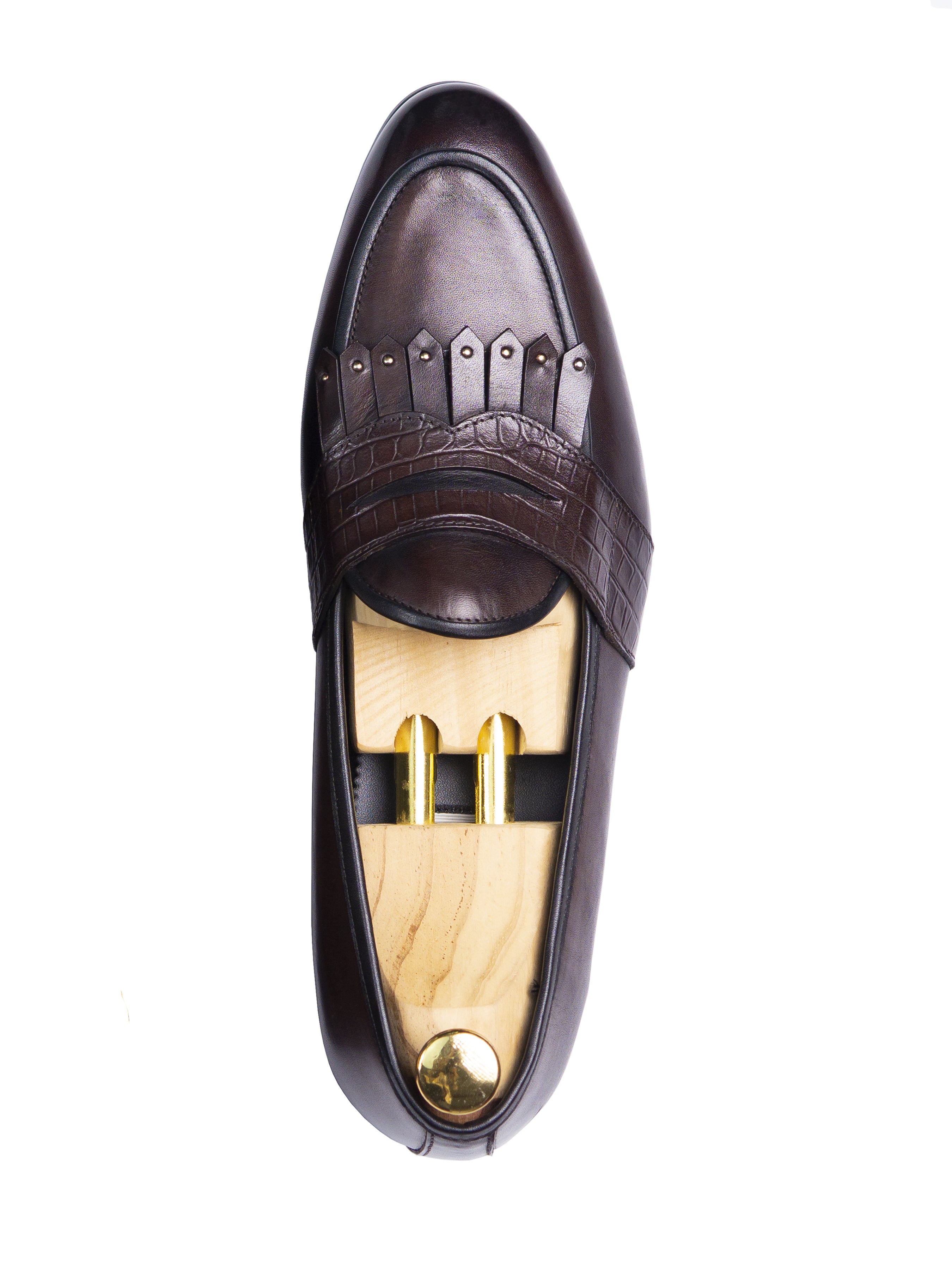 Belgian Loafer - Dark Brown Phyton Penny Strap with Studded Fringe (Hand Painted Patina)