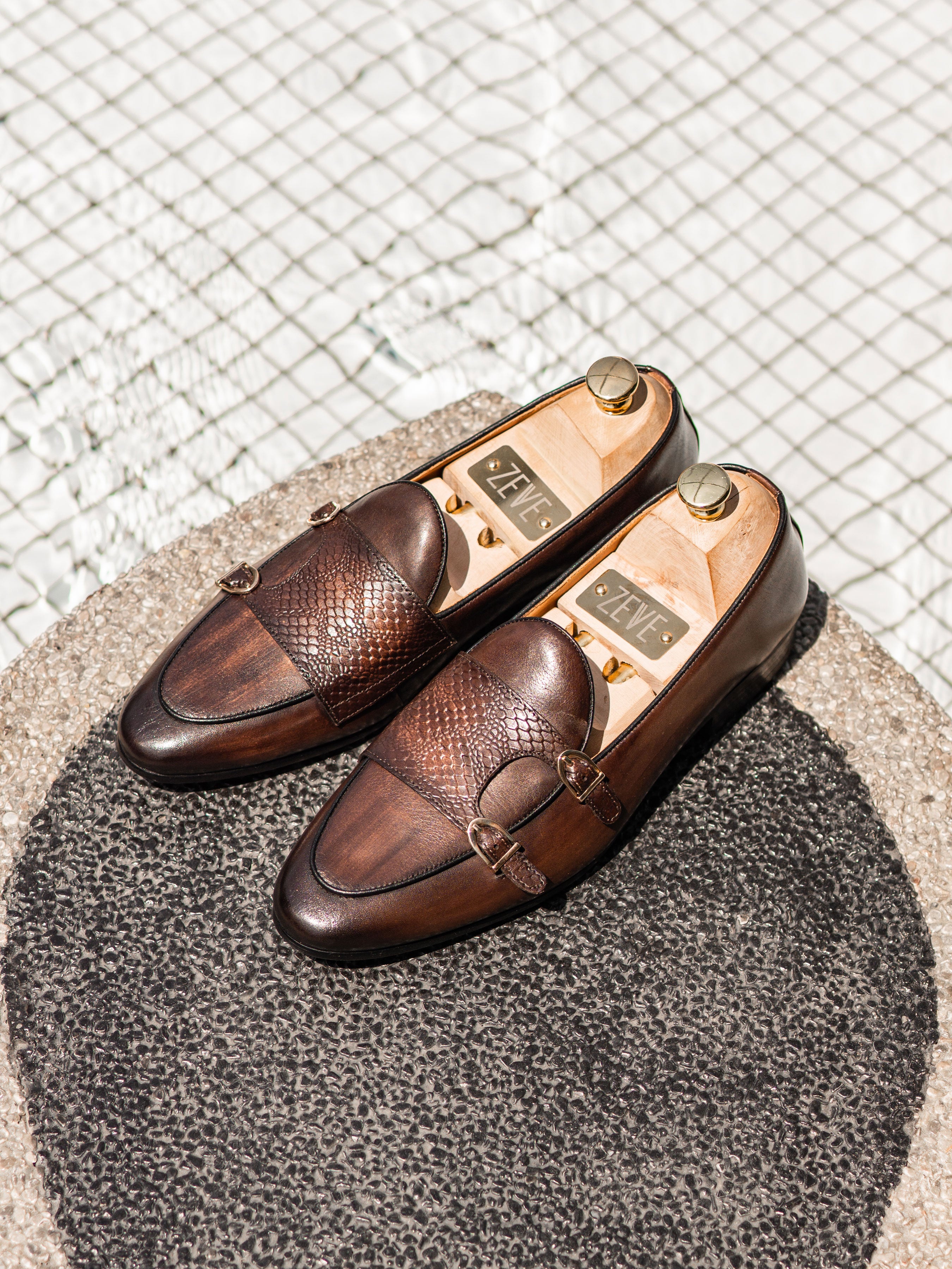 Belgian Loafer - Dark Brown Snake Skin Double Monk Strap (Hand Painted Patina)