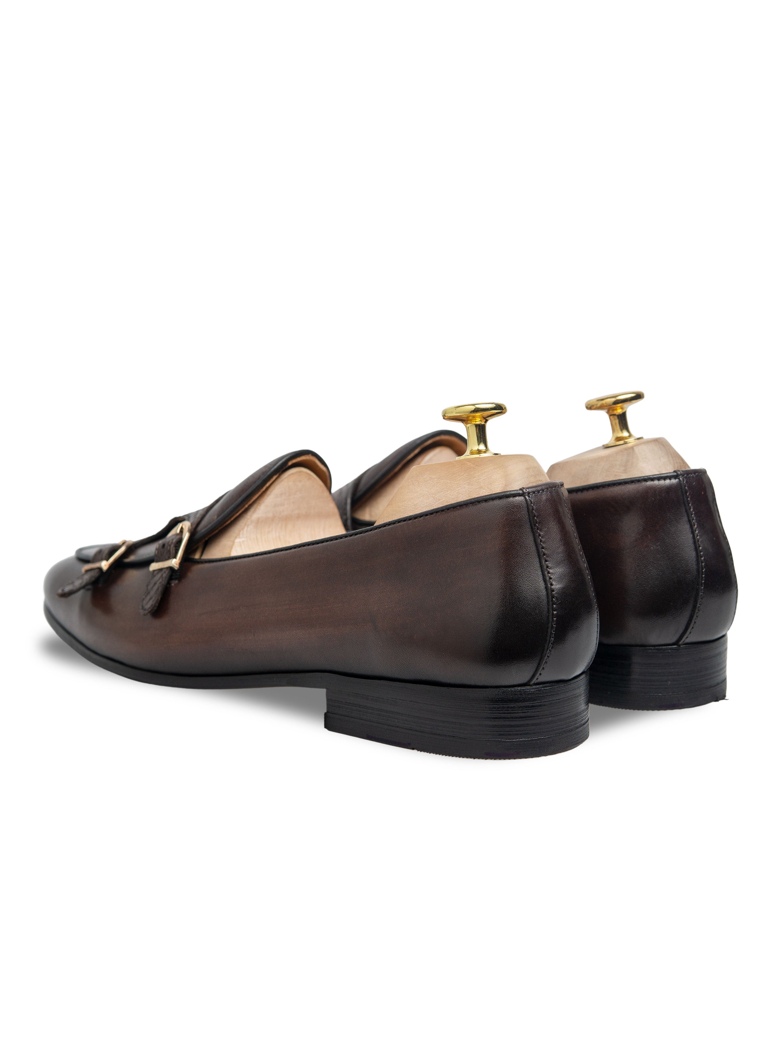 Belgian Loafer - Dark Brown Snake Skin Double Monk Strap (Hand Painted Patina)