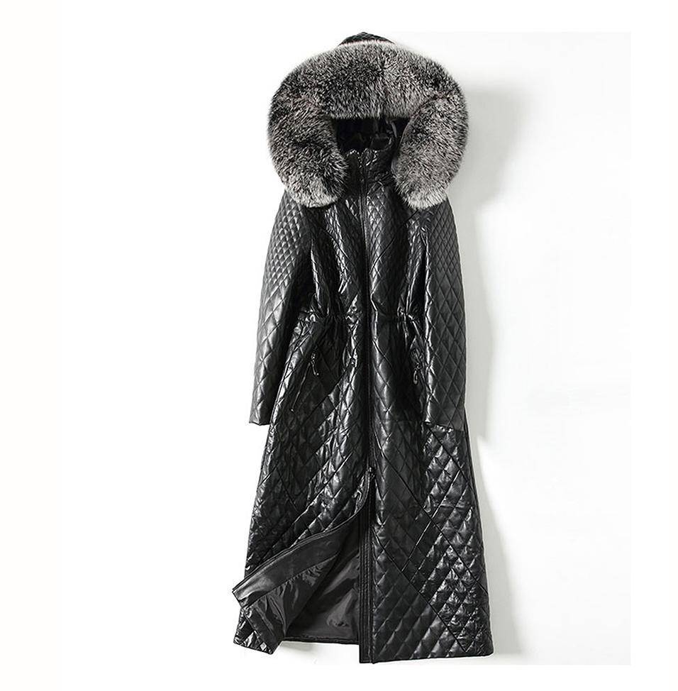 Black Long Leather Coat With Fox Fur Hoodie