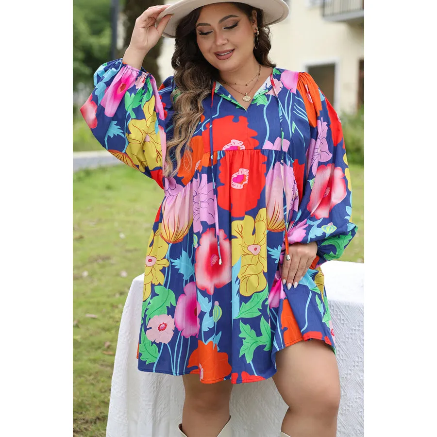 Blue Plus Size Floral V Neck Balloon Sleeve Babydoll Dress