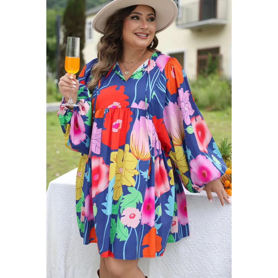 Blue Plus Size Floral V Neck Balloon Sleeve Babydoll Dress