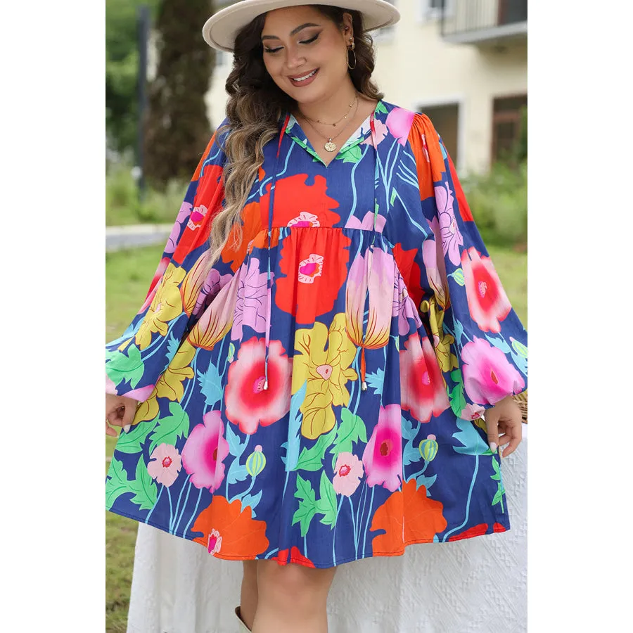 Blue Plus Size Floral V Neck Balloon Sleeve Babydoll Dress