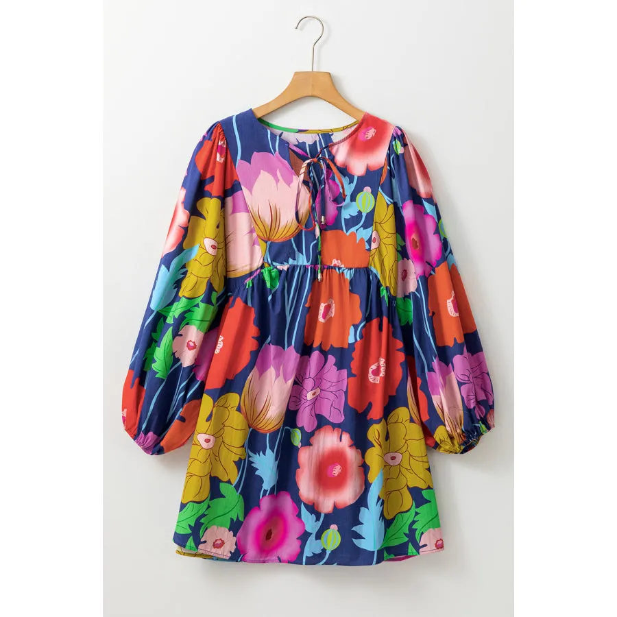 Blue Plus Size Floral V Neck Balloon Sleeve Babydoll Dress