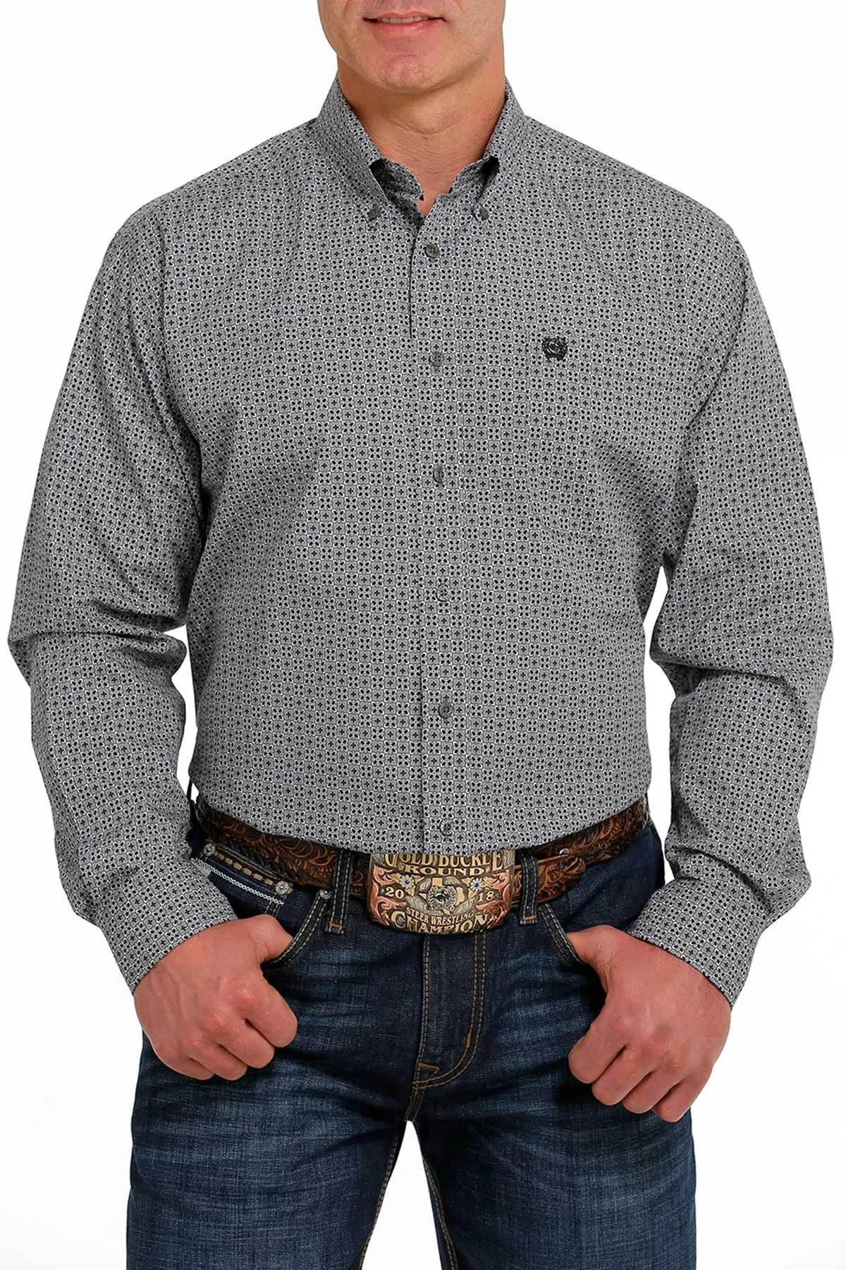 Cinch Mens Geometric Print Button Down L/S Shirt - Grey/Black - MTW1105499