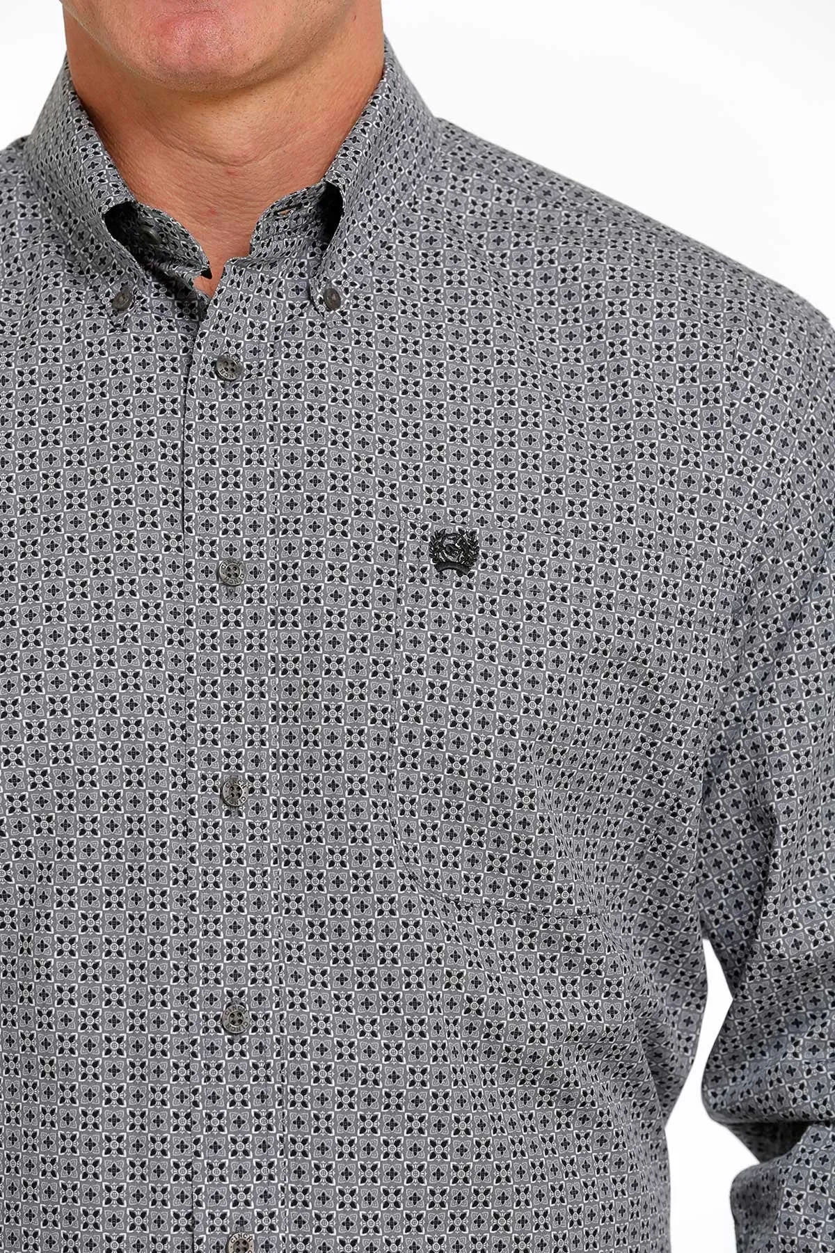 Cinch Mens Geometric Print Button Down L/S Shirt - Grey/Black - MTW1105499