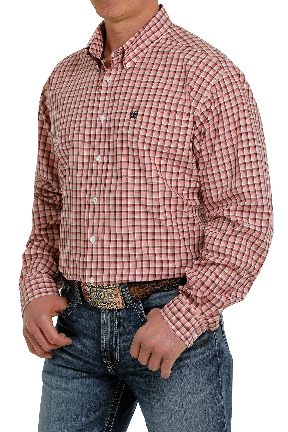 Cinch Mens Pink Plaid Cotton L/S Shirt - MTW1105356