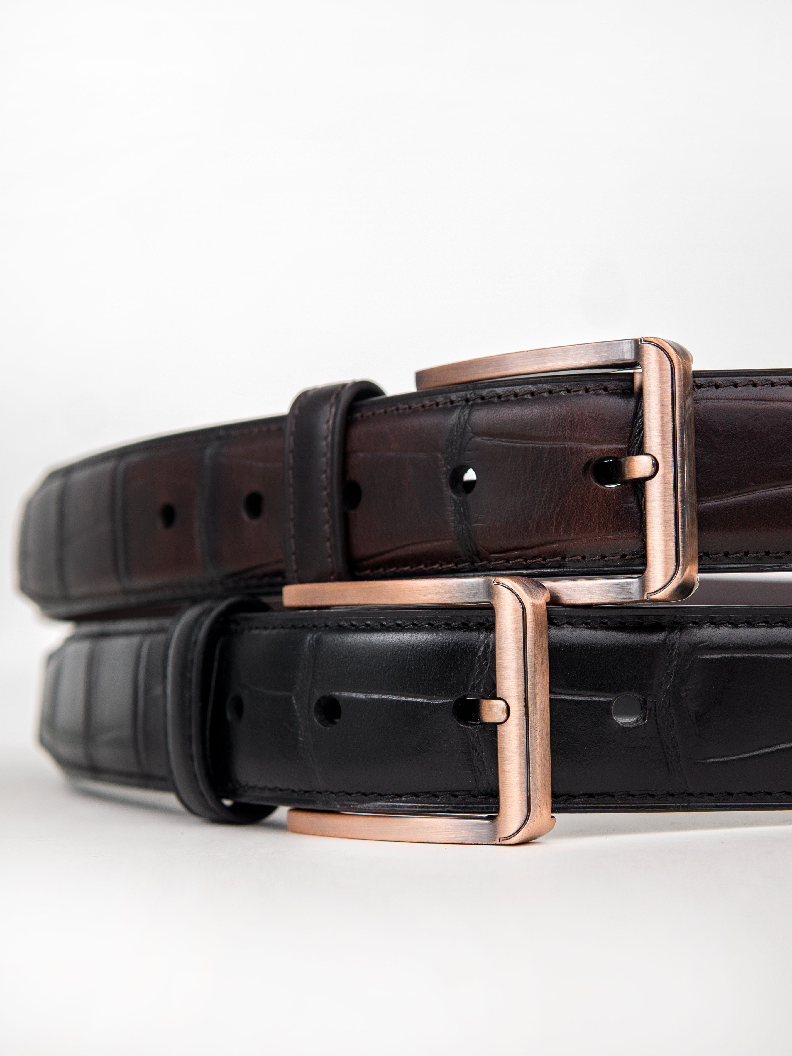 Croco Leather Belt with Copper-toned Buckle