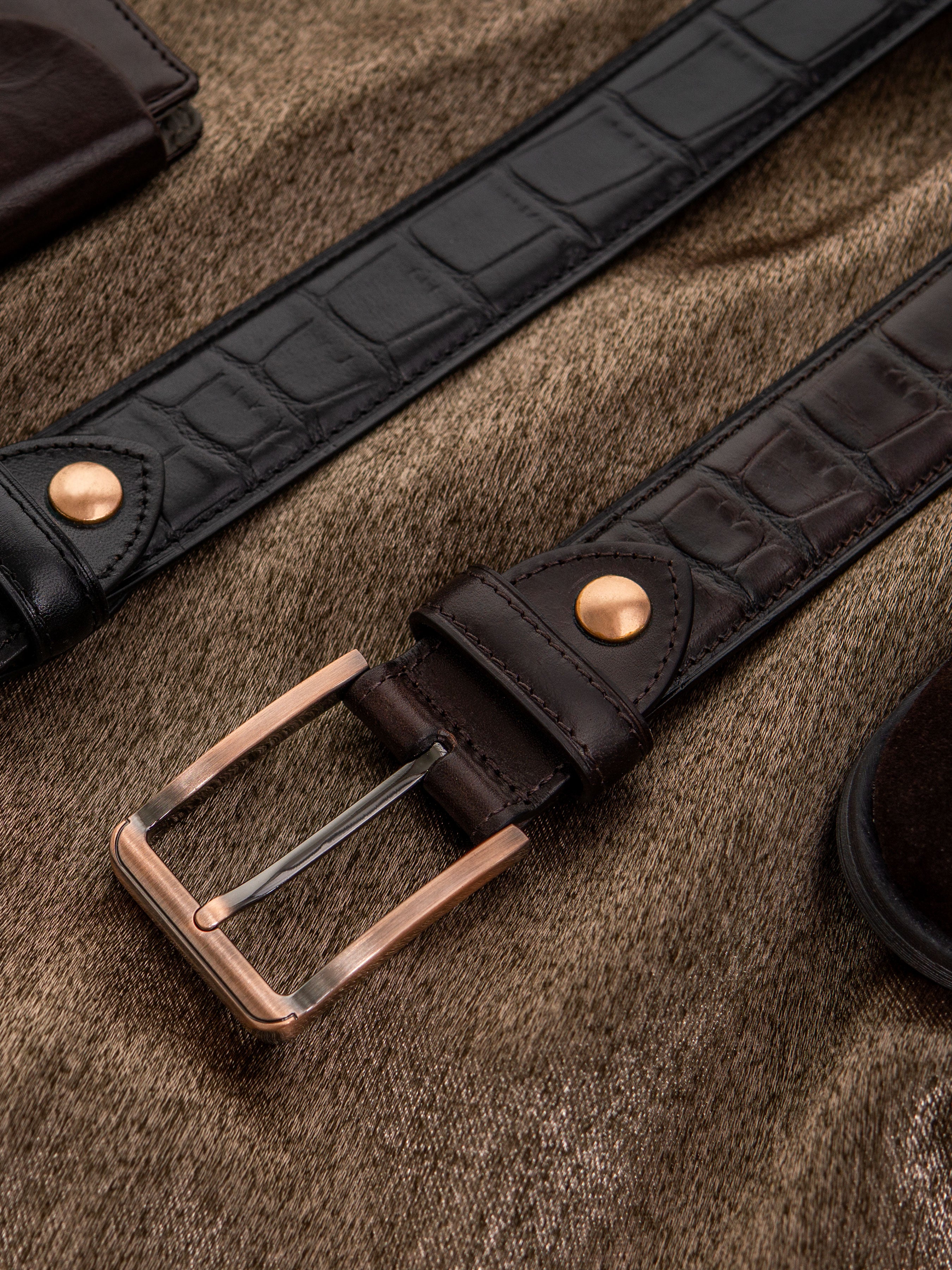 Croco Leather Belt with Copper-toned Buckle