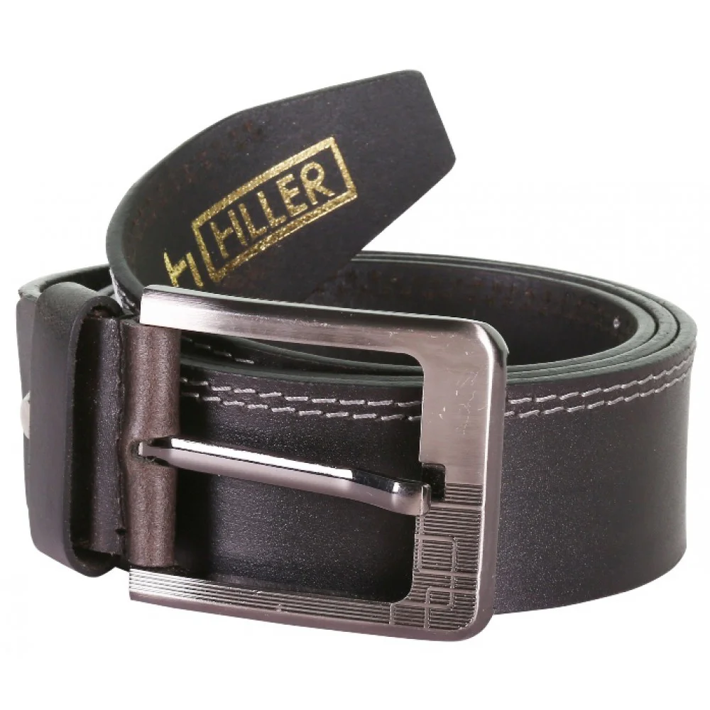 Double side Stitched Designer Black Leather Belt With Metallic Pin Buckle