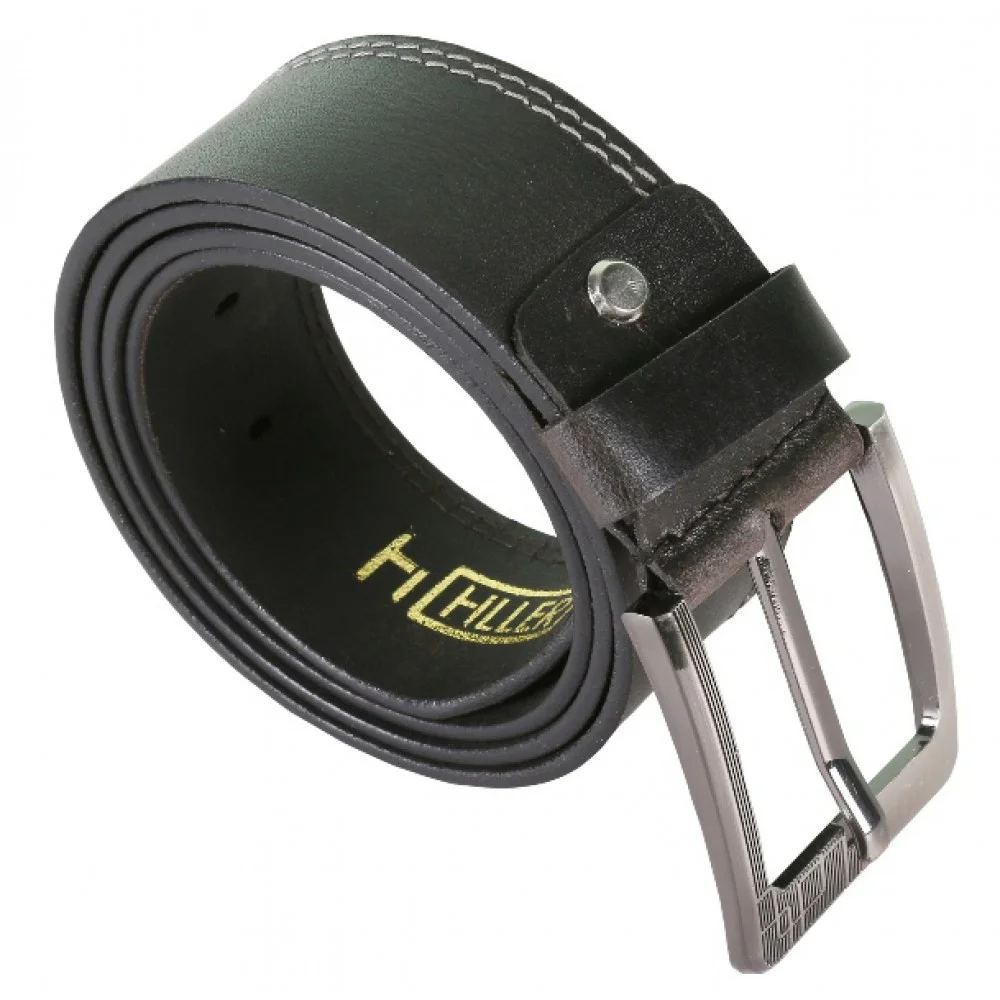 Double side Stitched Designer Black Leather Belt With Metallic Pin Buckle