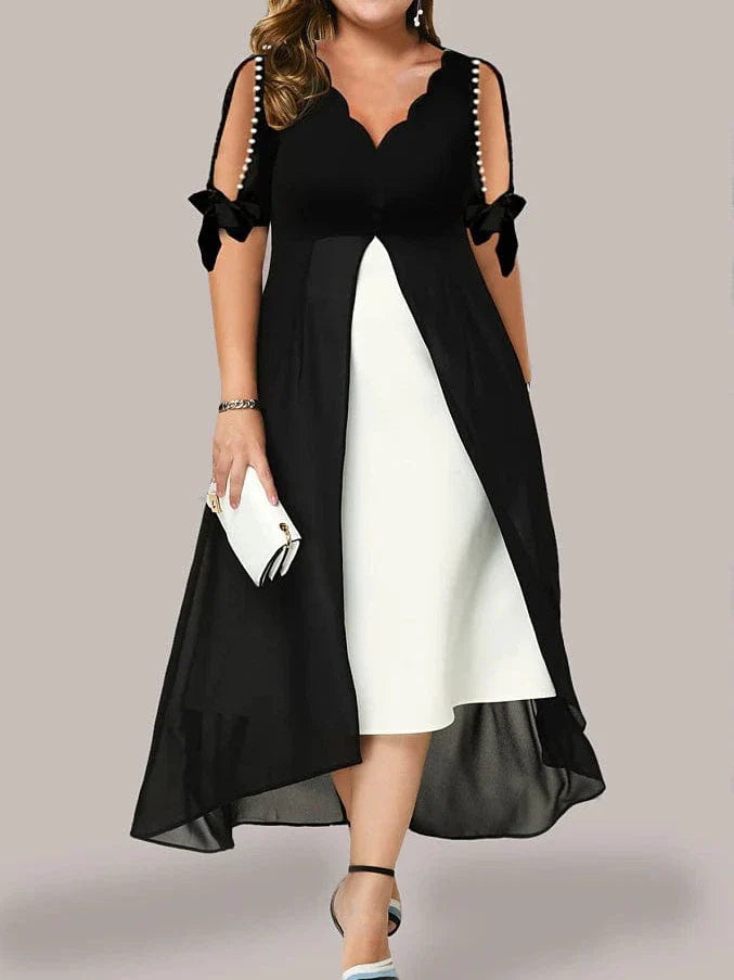 Elegant Black V-Neck Plus Size Midi Dress for Formal Occasions