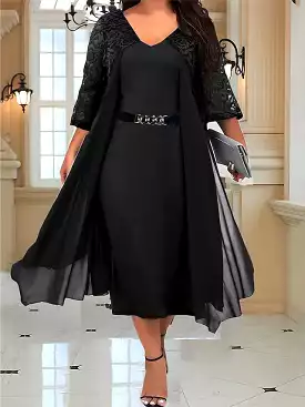 Elegant Plus Size Black Lace Cocktail Dress with V Neck