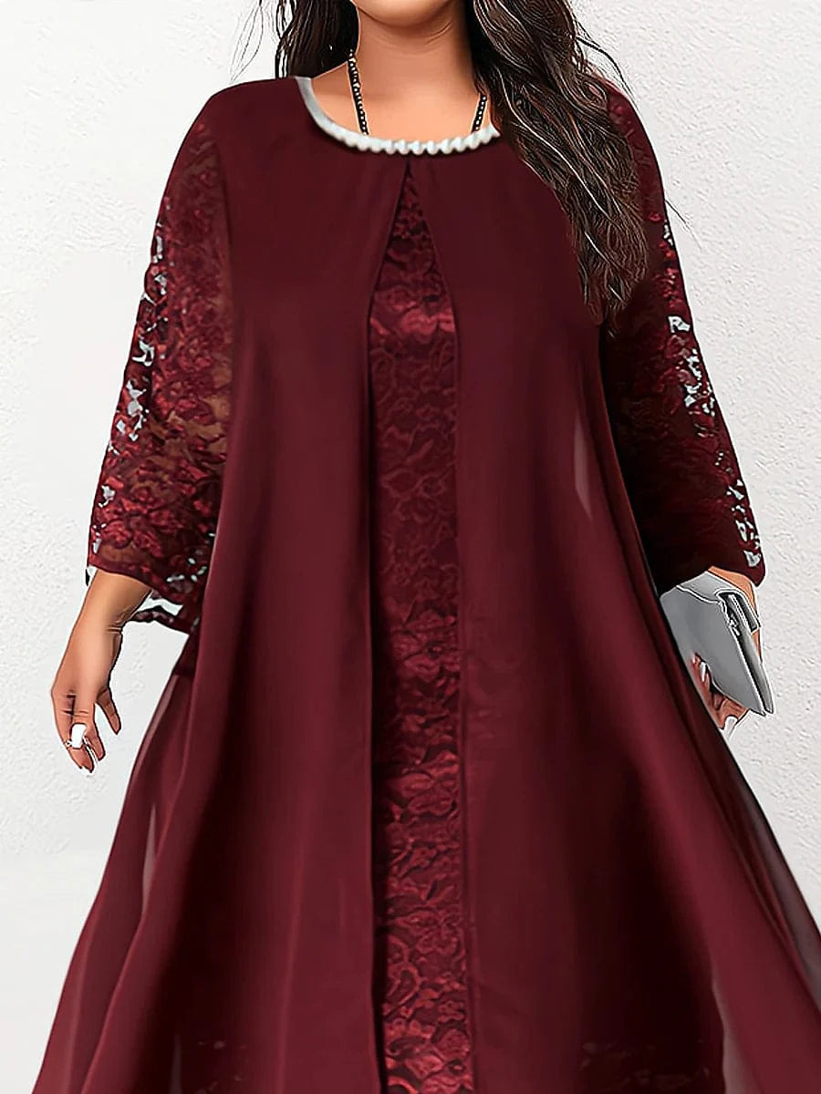 Elegant Plus Size Heart Pattern Long Sleeve Party Dress