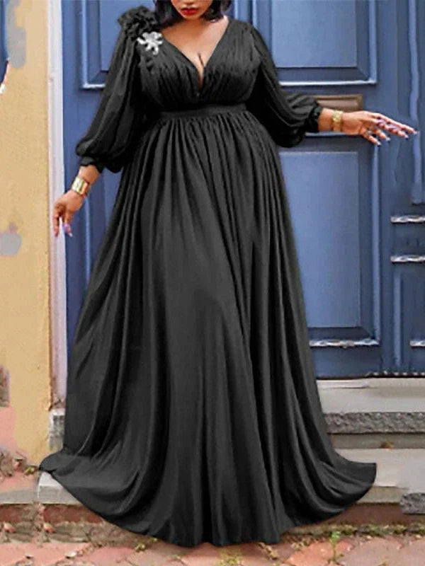 Elegant Plus Size V Neck Ruched Maxi Dress