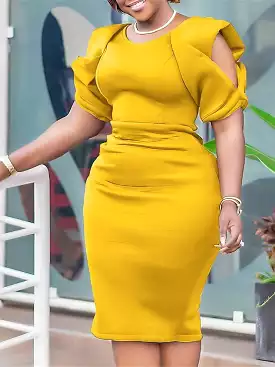 Elegant Solid Color V Neck Plus Size Midi Dress