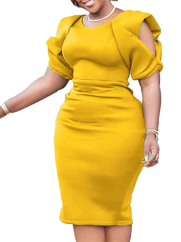 Elegant Solid Color V Neck Plus Size Midi Dress