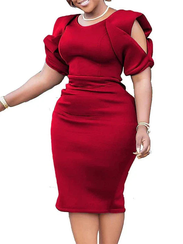 Elegant Solid Color V Neck Plus Size Midi Dress