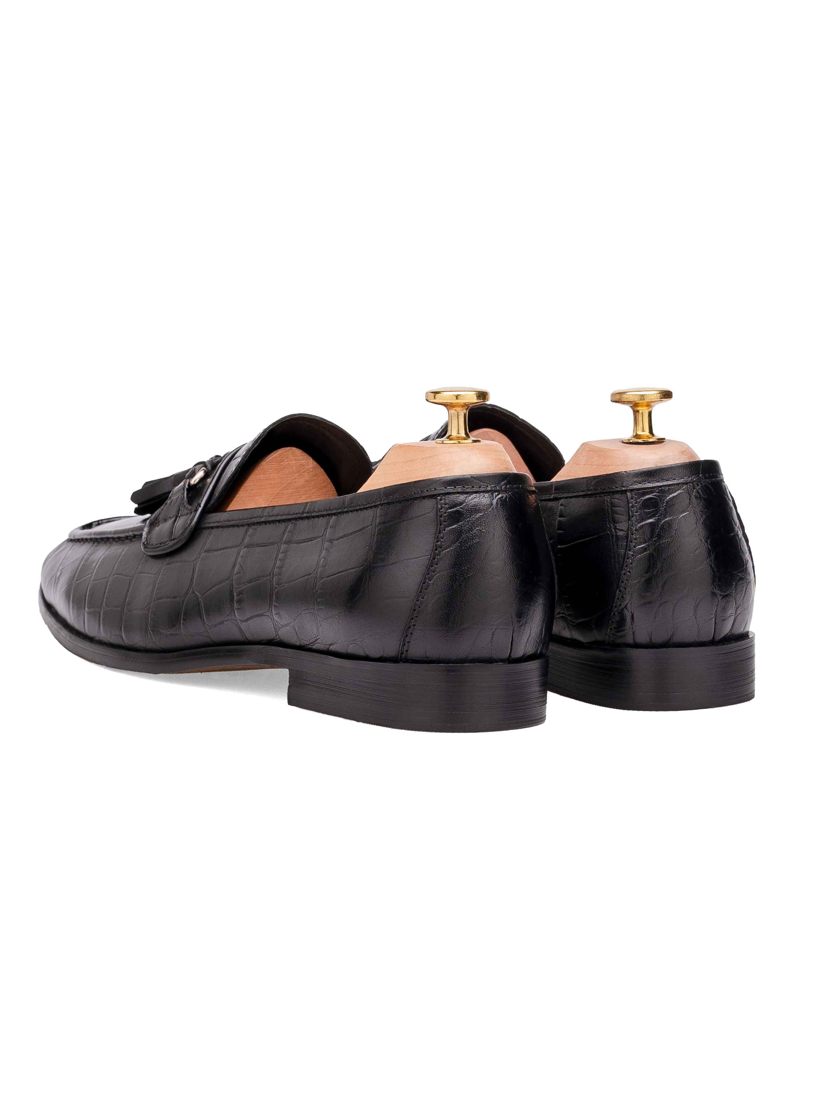 Elvio Tassel Loafer - Black Croco Polished Leather