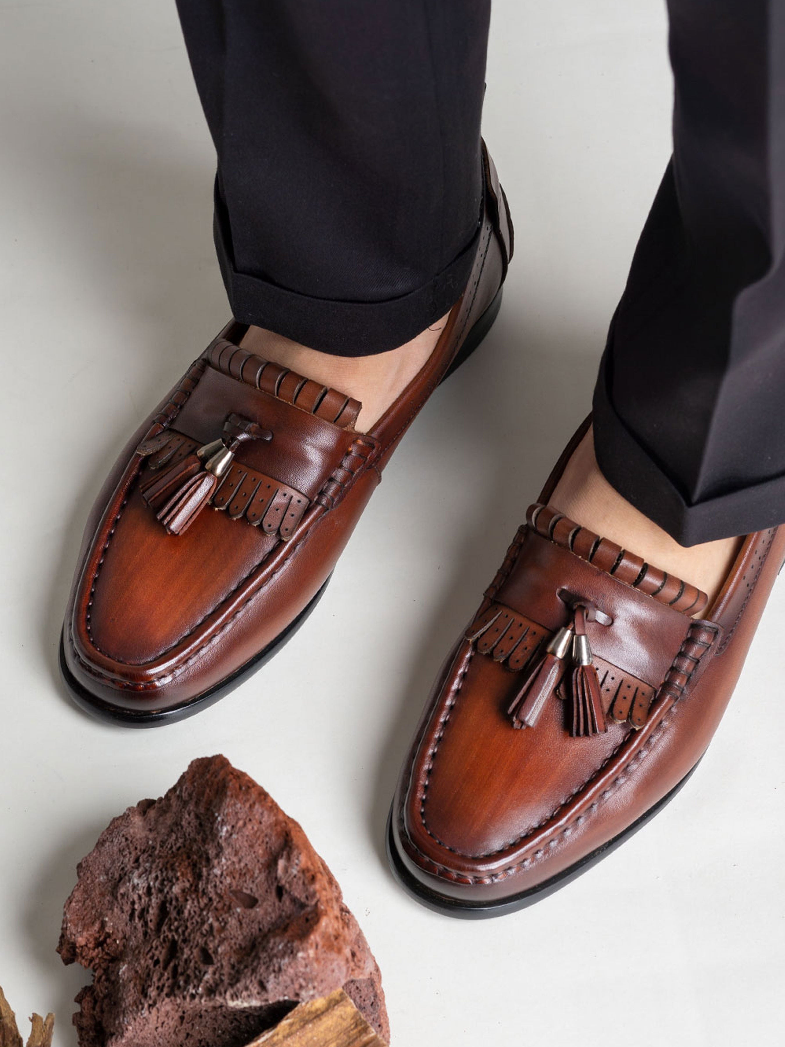 Fringe Classic Loafer - Cognac Tan with Tassel (Hand Painted Patina)