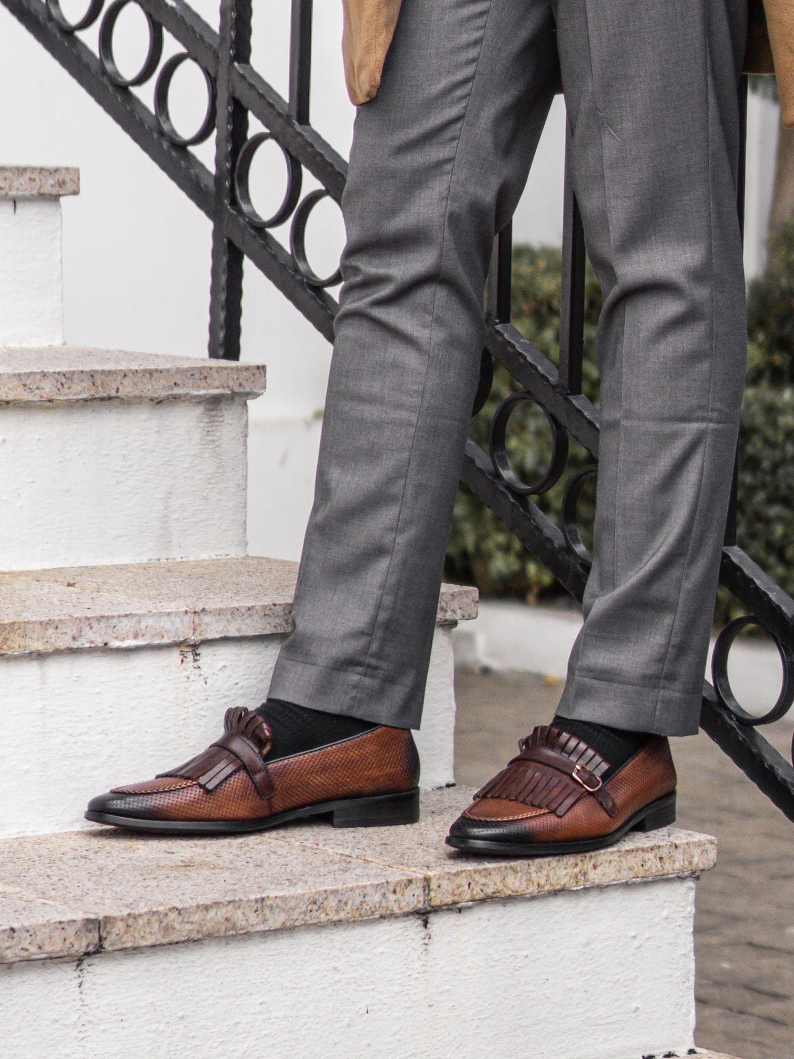 Fringe Kiltie Loafer - Cognac Tan Woven Leather with Side Buckle (Hand Painted Patina)