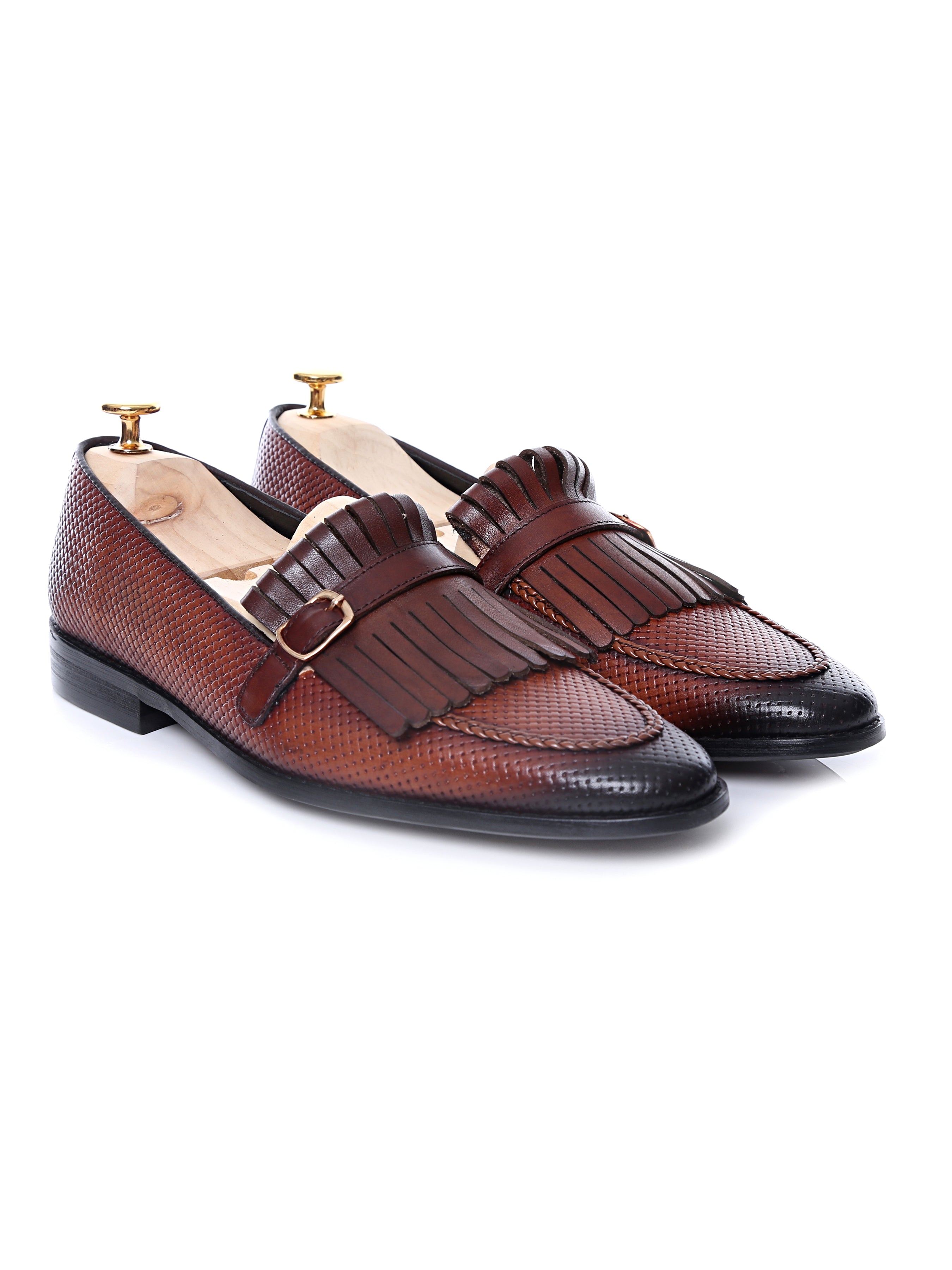 Fringe Kiltie Loafer - Cognac Tan Woven Leather with Side Buckle (Hand Painted Patina)