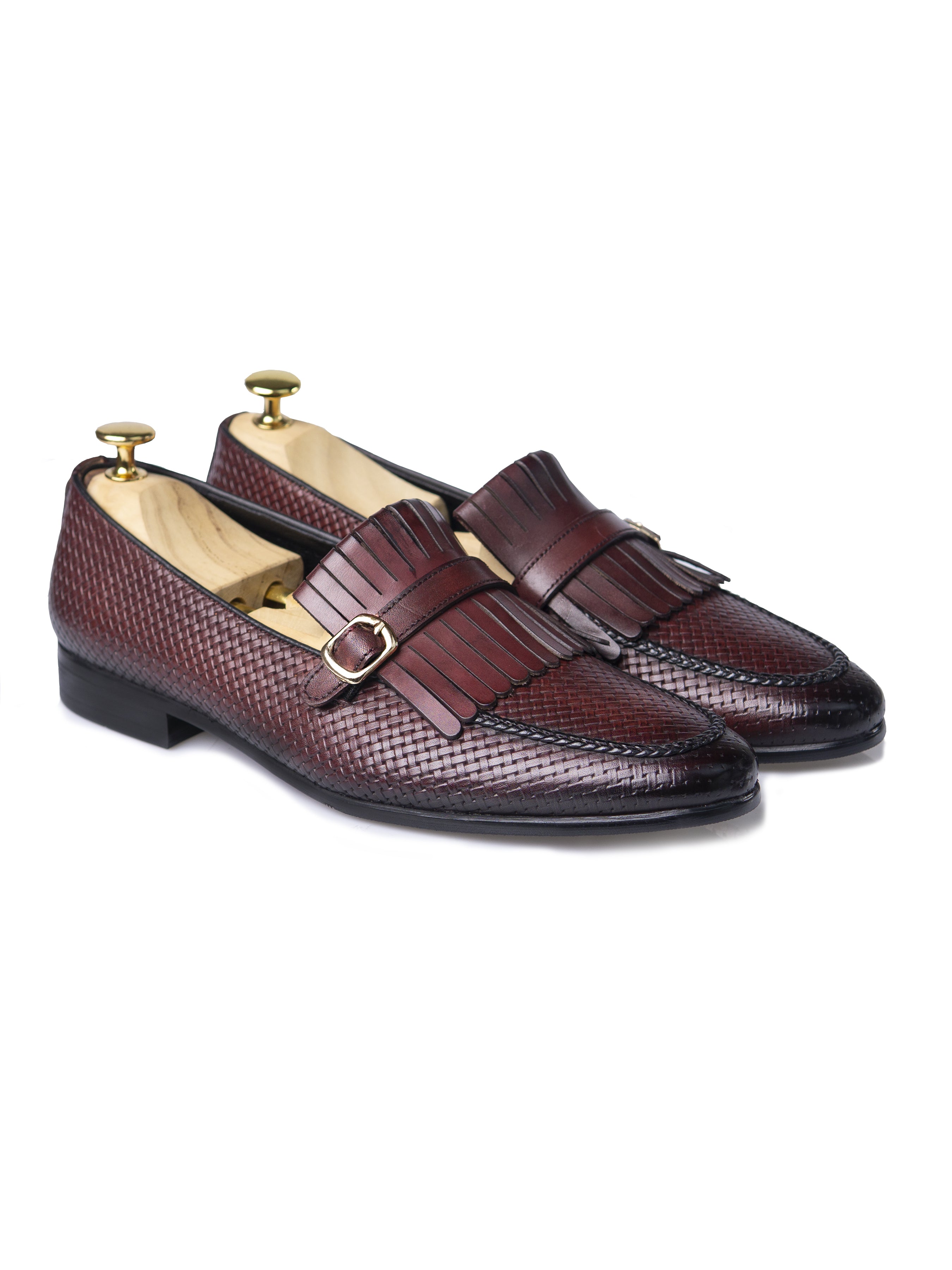 Fringe Kiltie Loafer - Red Burgundy Woven Leather with Side Buckle (Hand Painted Patina)