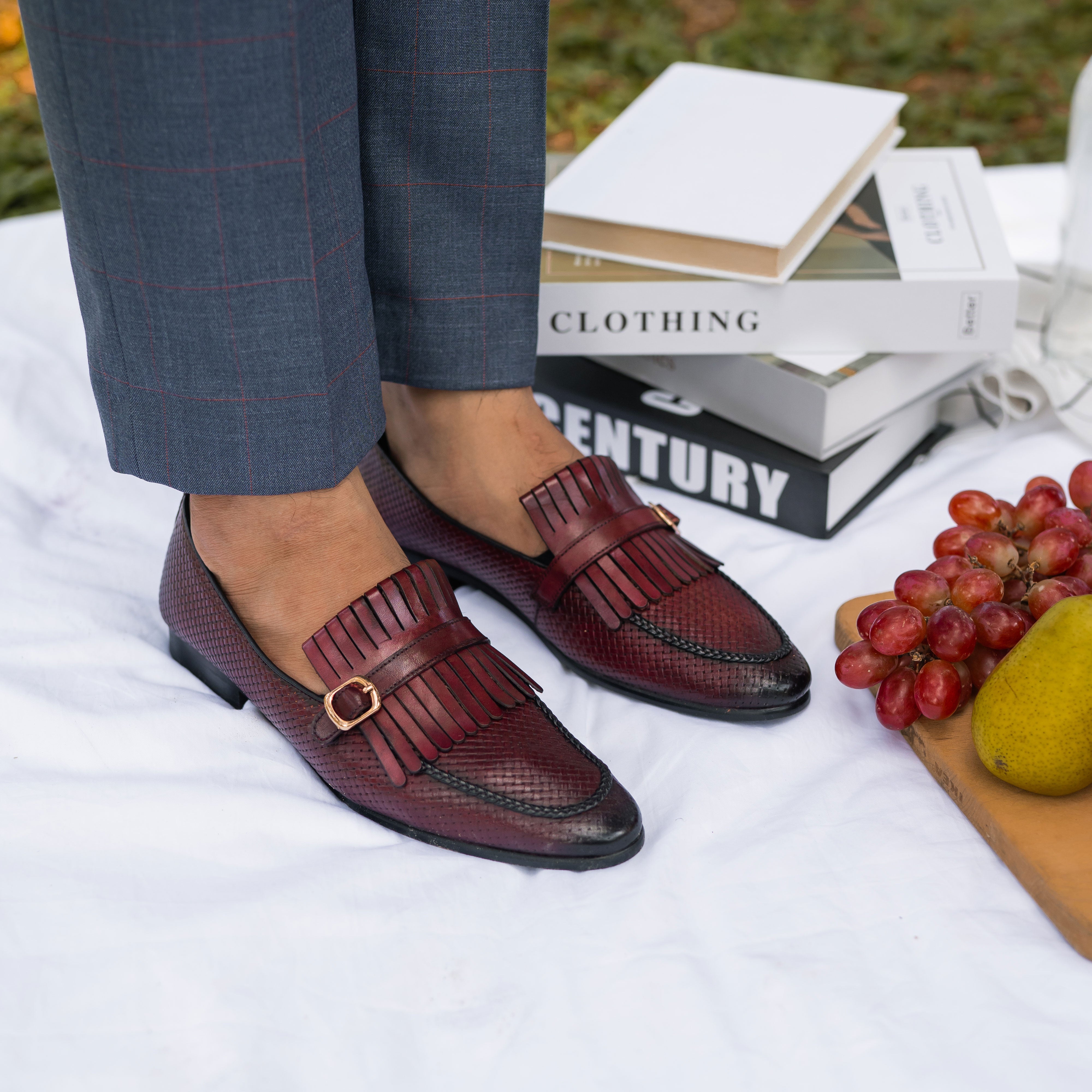 Fringe Kiltie Loafer - Red Burgundy Woven Leather with Side Buckle (Hand Painted Patina)