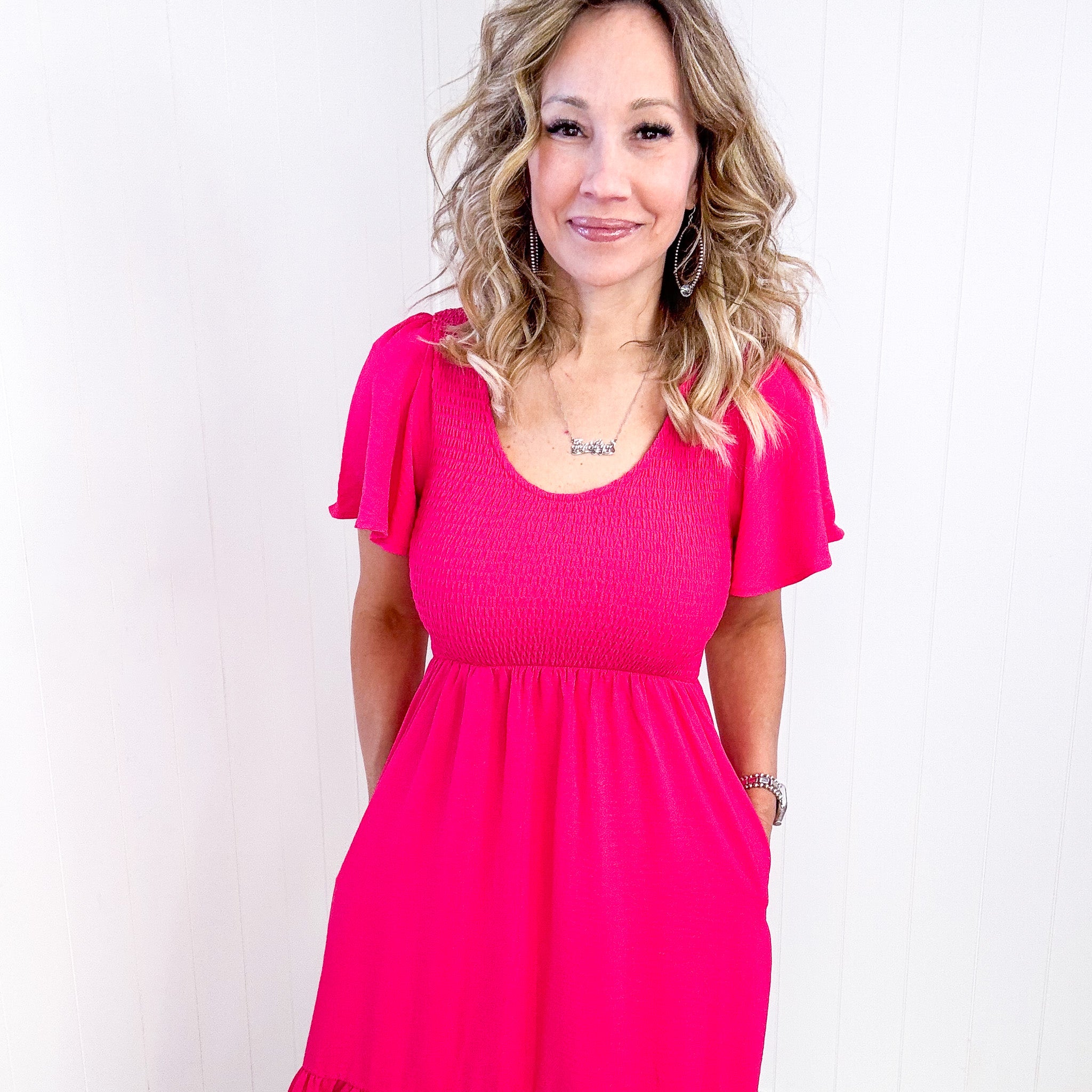 Fuchsia Smocked Fit and Flare Flutter Sleeve Dress