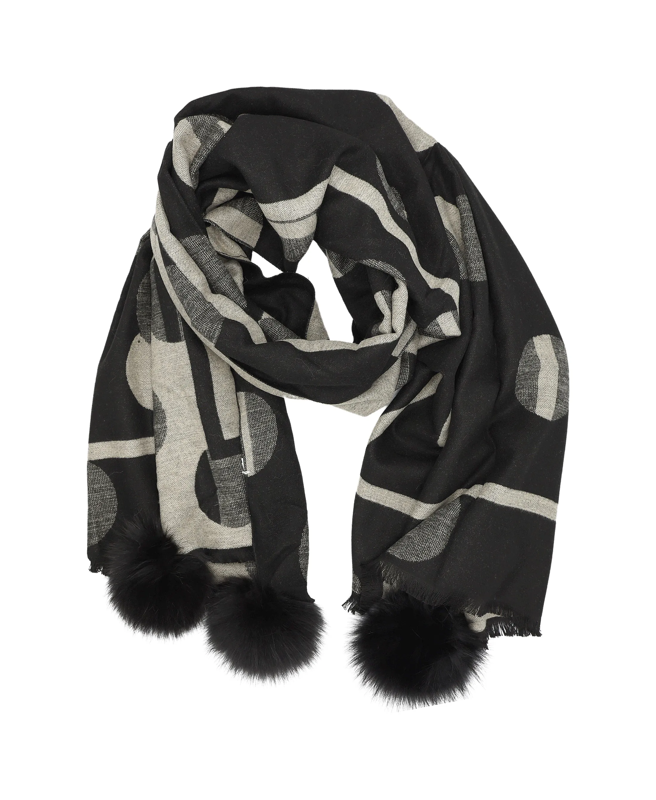 Geometric Print Scarf/Wrap w/ Fur Poms