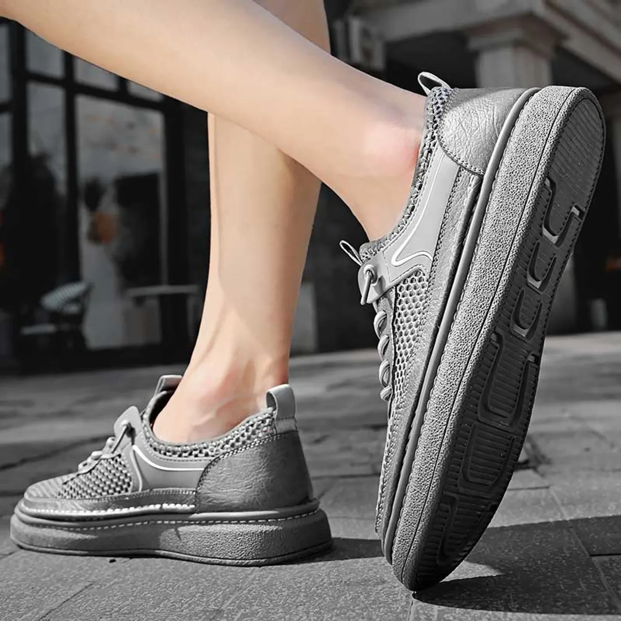 Grey hollow mesh stitch accents shoe sneaker