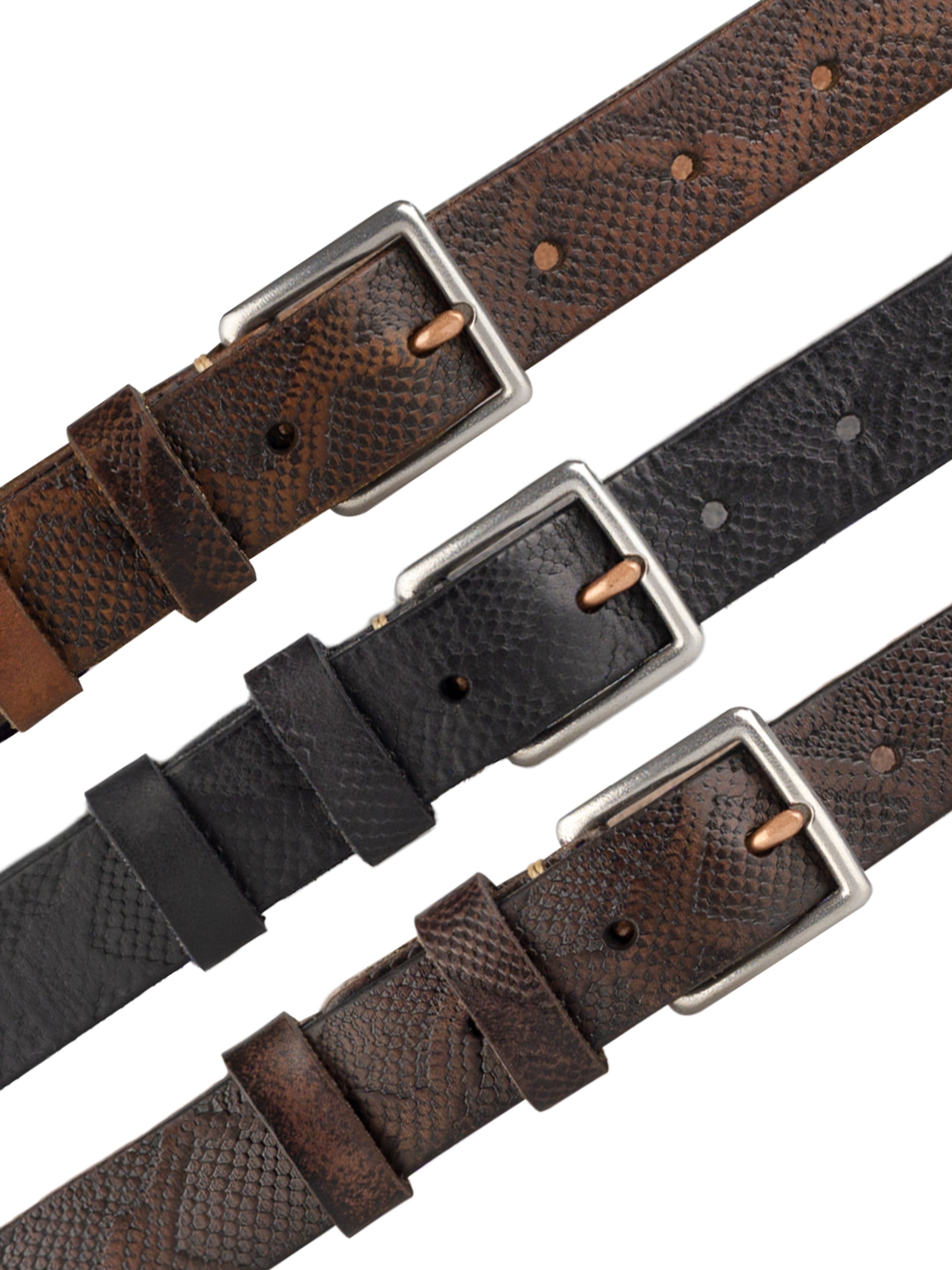 Italian Rustic Phyton Leather Belt with Palladium-toned Buckle