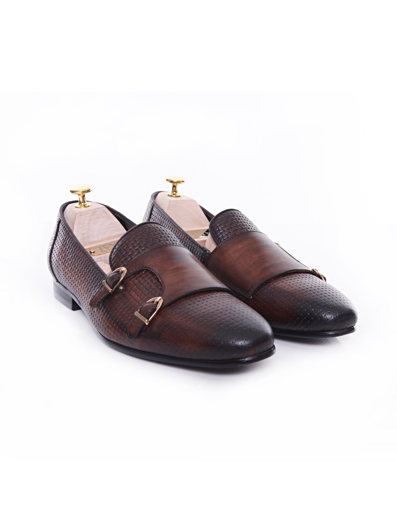 Loafer Slipper - Dark Brown Double Monk Strap with Woven Leather (Hand Painted Patina)