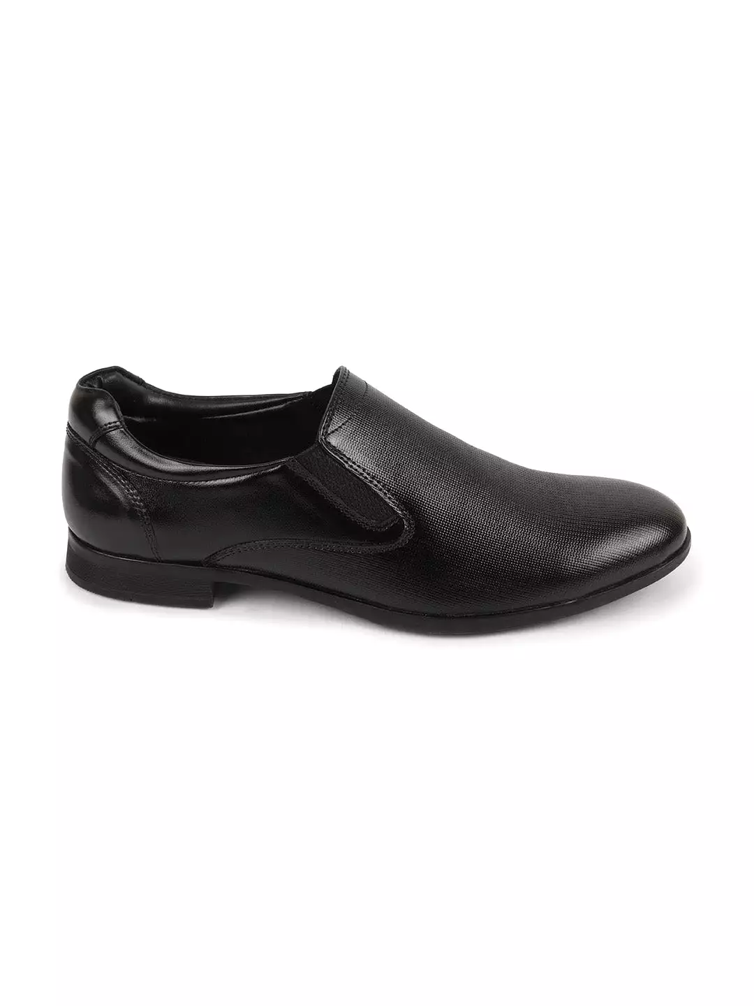 Men Black Formal Office Textured Design Side Stitched Genuine Leather Slip On Shoes