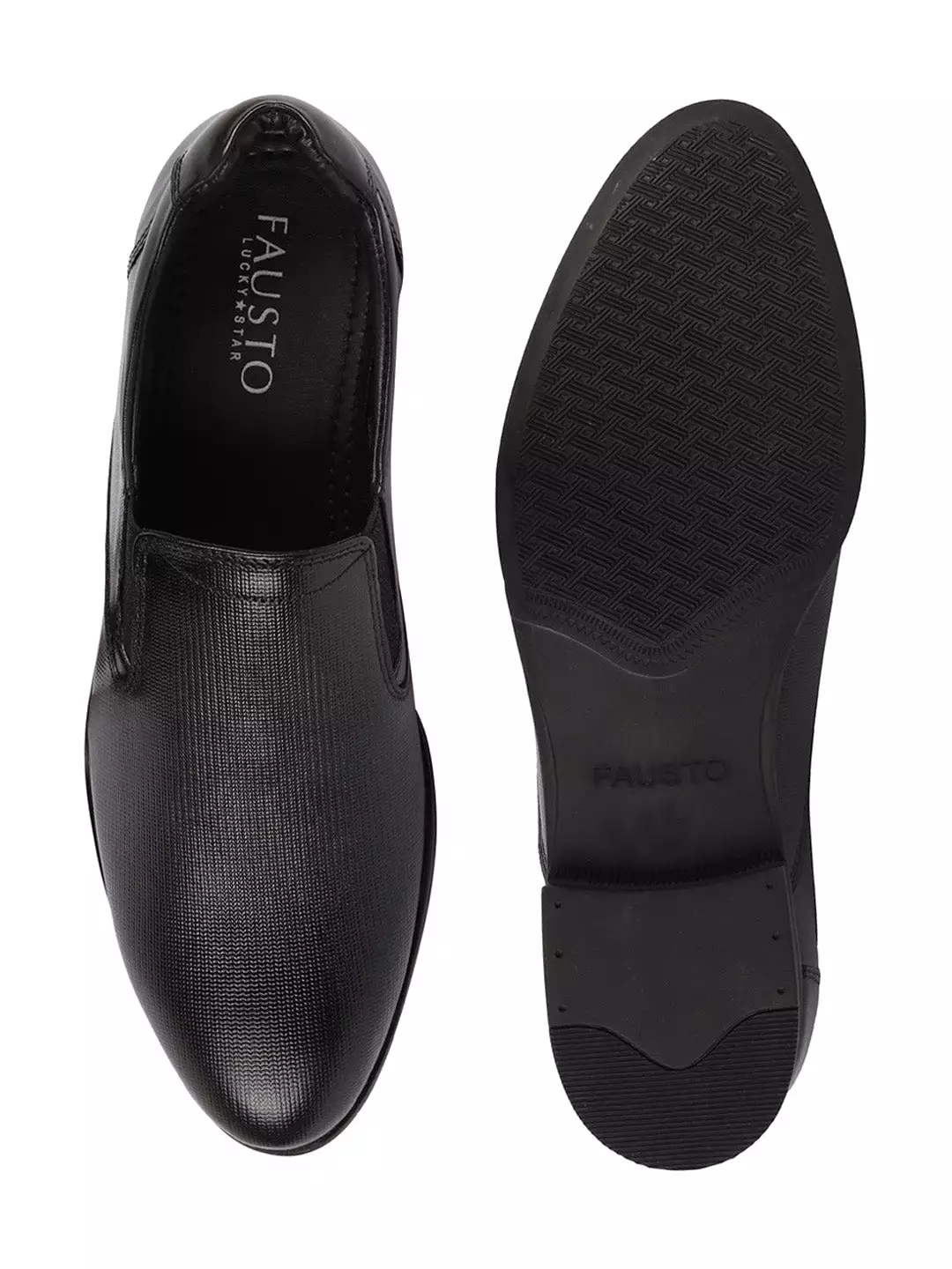 Men Black Formal Office Textured Design Side Stitched Genuine Leather Slip On Shoes