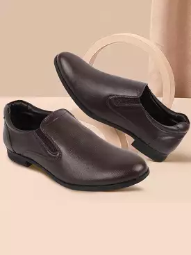 Men Brown Formal Office Textured Design Side Stitched Genuine Leather Slip On Shoes